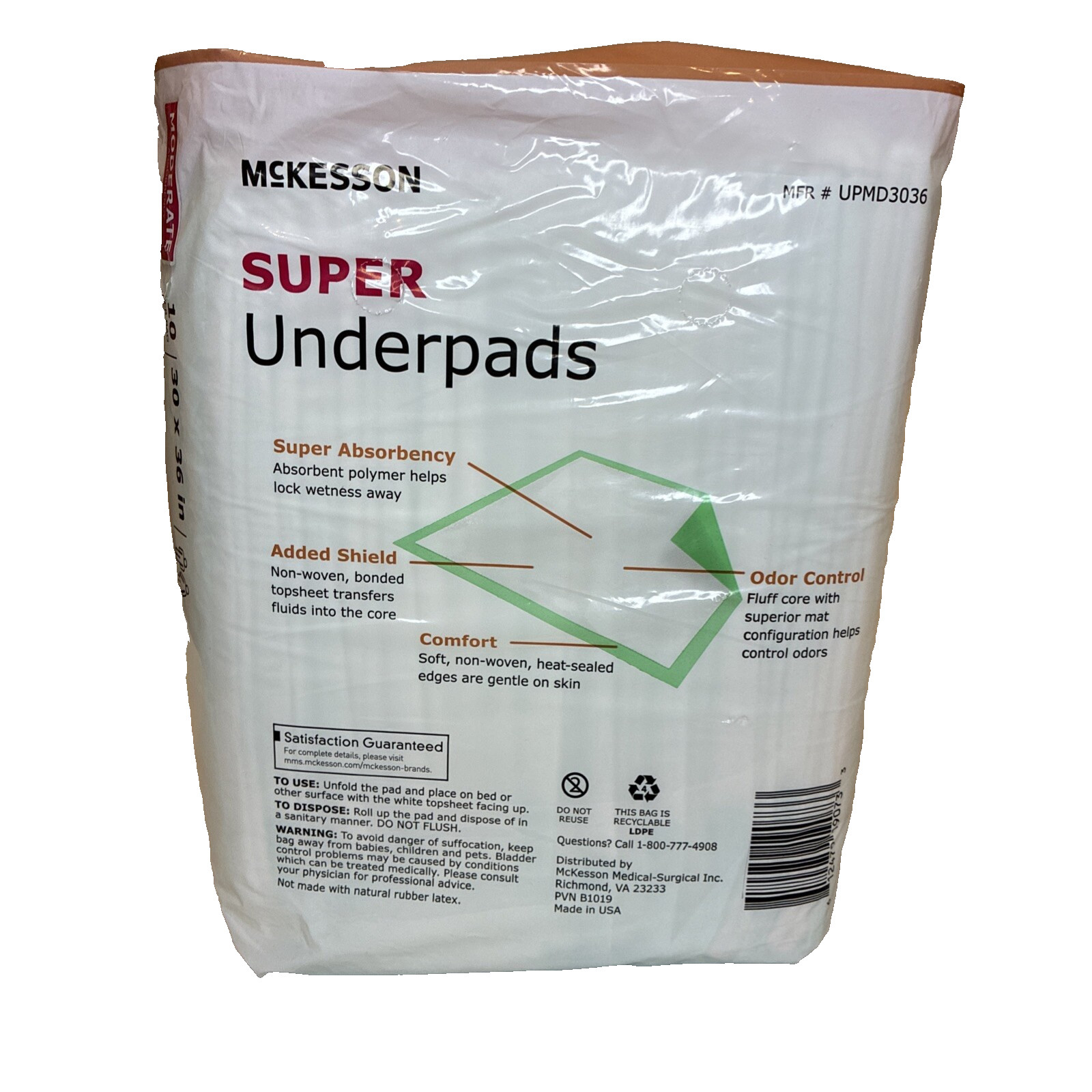 McKesson Underpad Super 30″X 36″ Disposable Fluff / Polymer Moderate Absorbency