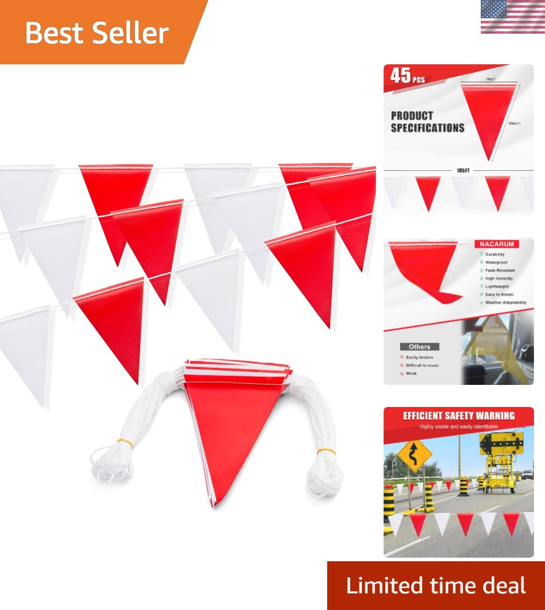 105FT Heavy Duty Pennant Banner Flags – Safety Alert Flags for Events & Parties