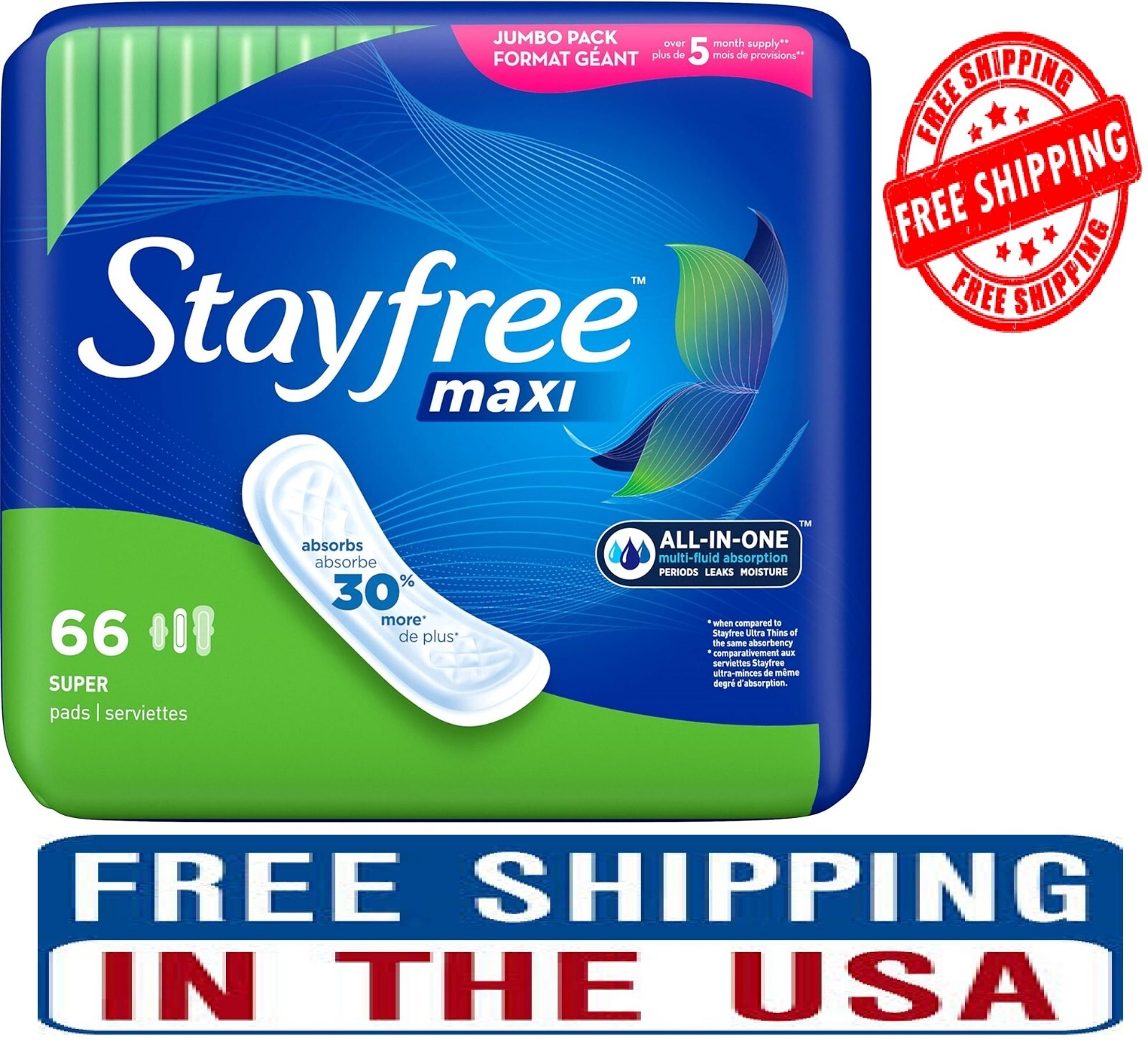 Stayfree Maxi Pads for Women, Super – 66 Count Free Shipping