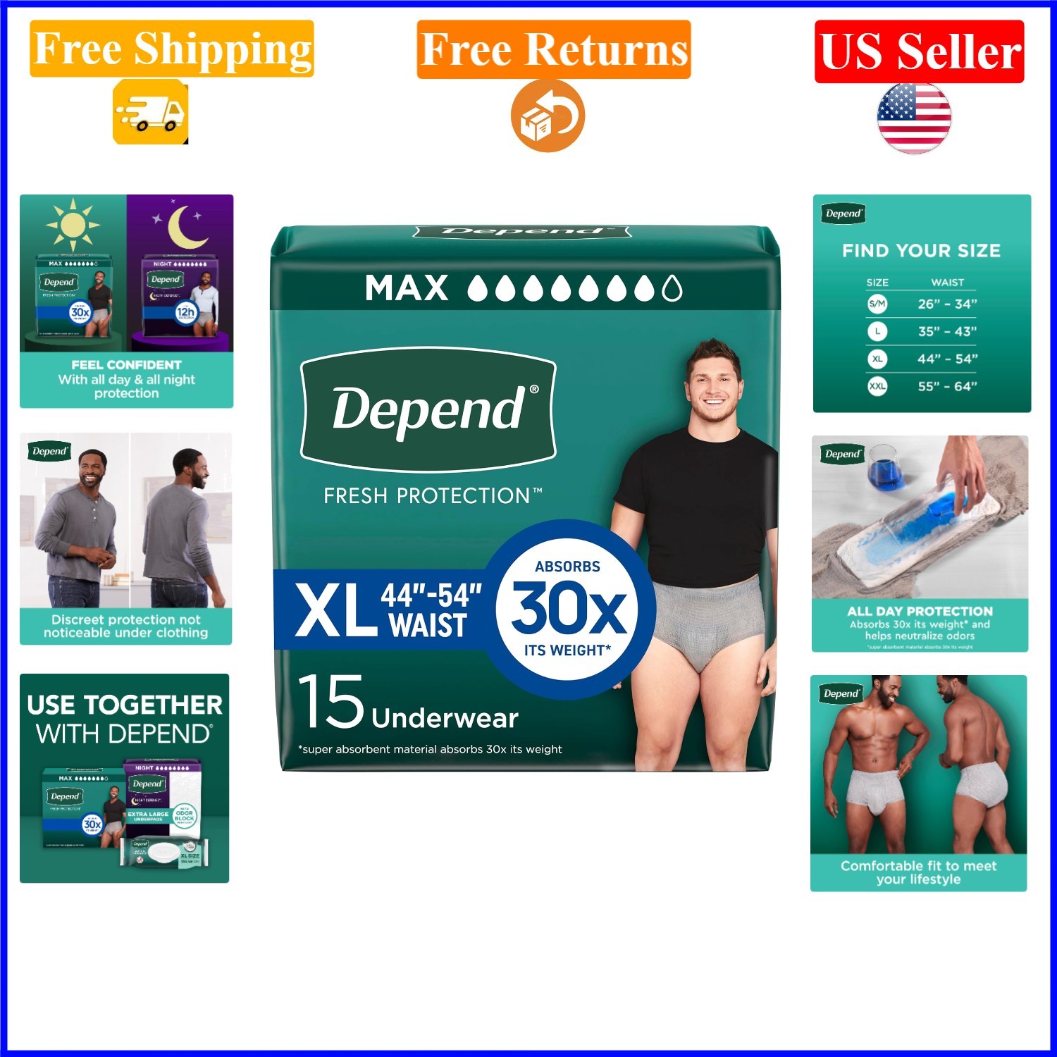 Fresh Protection Adult Diapers for Men Extra-Large Grey 15 Count