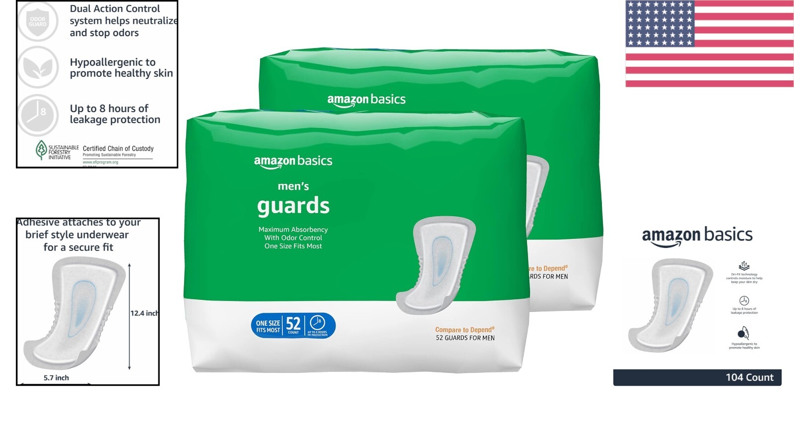 Comfort Fit Men’s Incontinence Guards – 104 Pack, Dual Odor Control Technology