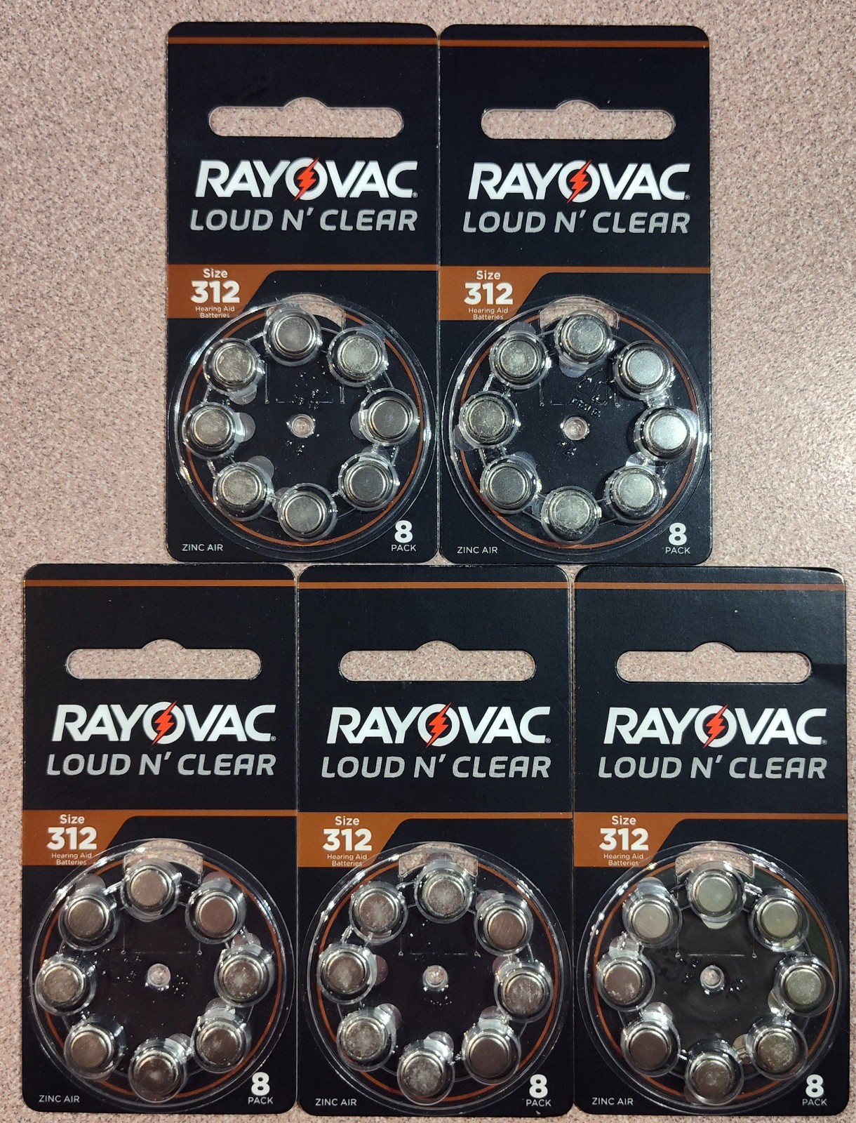 5x – Rayovac Loud N’ Clear Size 312 Hearing Aid Batteries 8 Pack Exp 7/2025