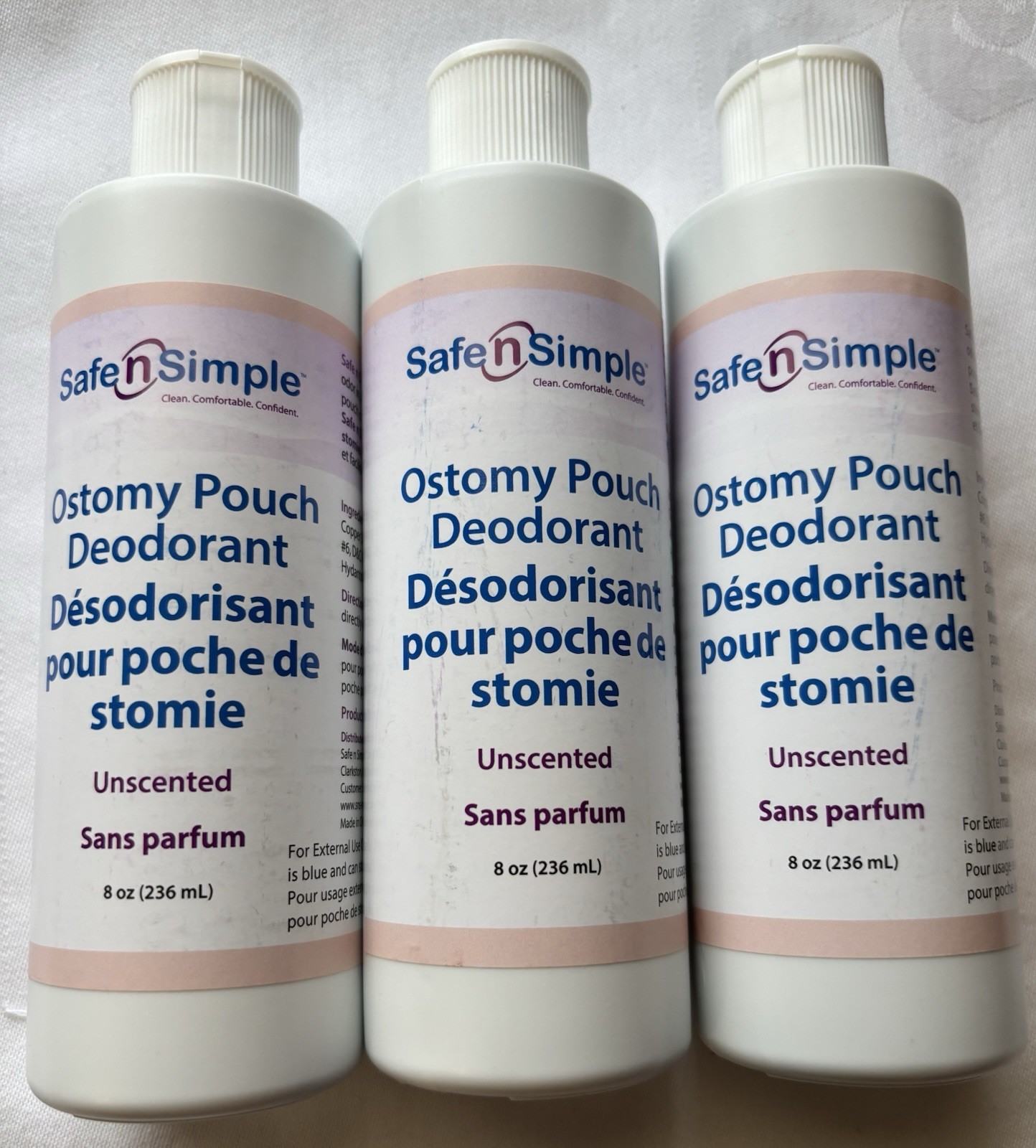 3 Bottles Safe N Simple Ostomy Pouch Deodorant Blue Unscented 8oz Exp 2028