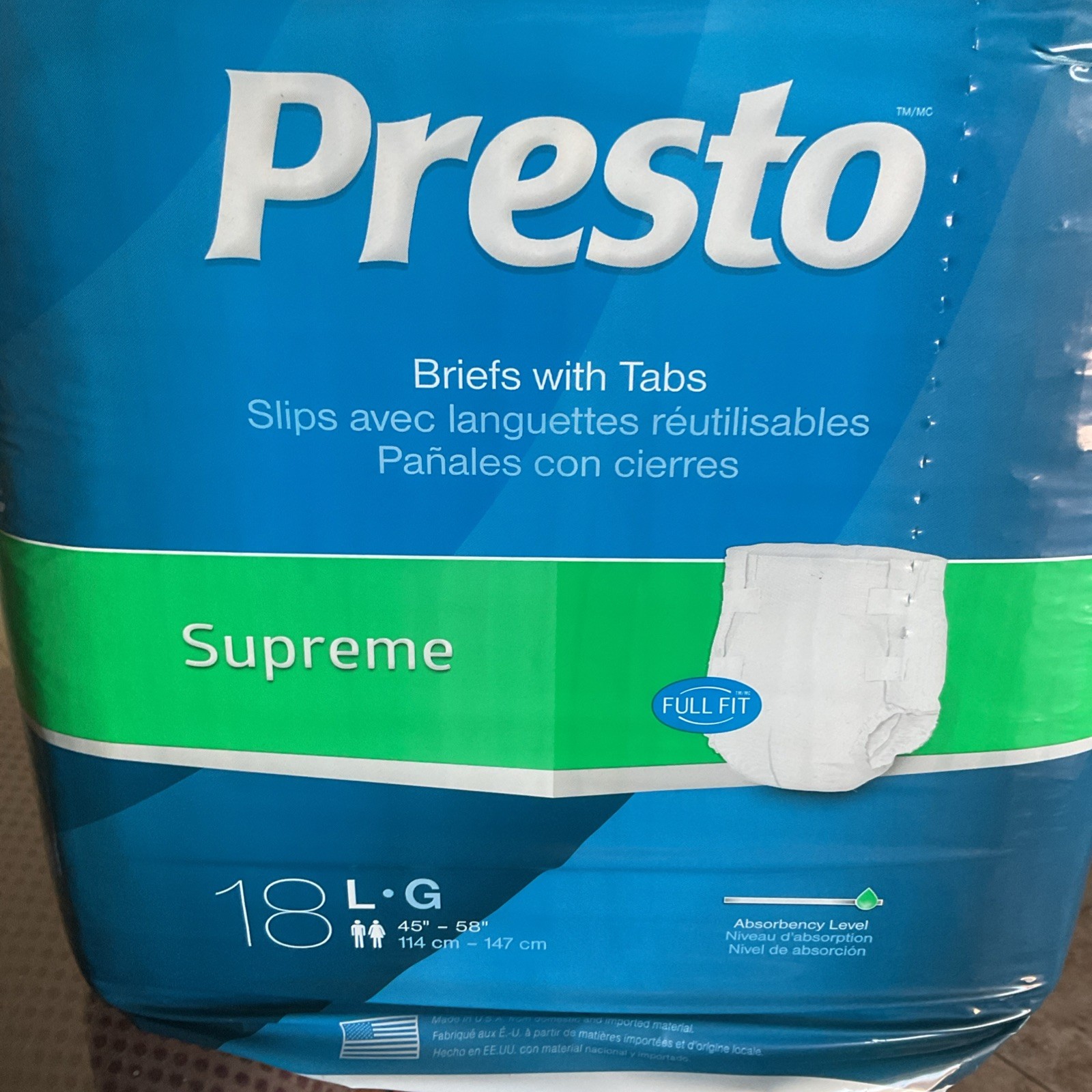PRESTO SUPREME UNDERWEAR CLASSIC LG MAX ABSORBENCY 18 COUNT UNISEX