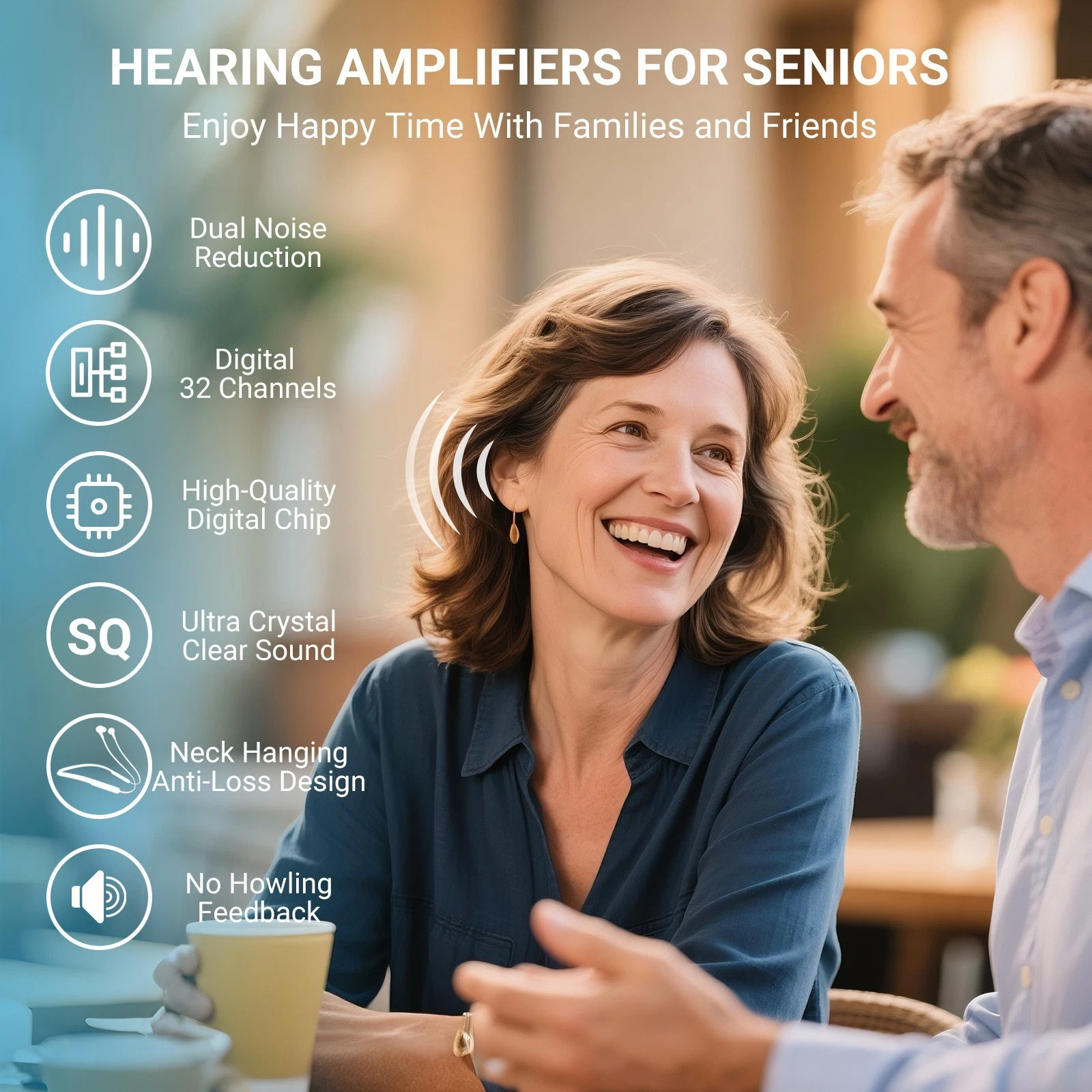 Adult and elderly neck-wear rechargeable noise-reducing OTC hearing aid