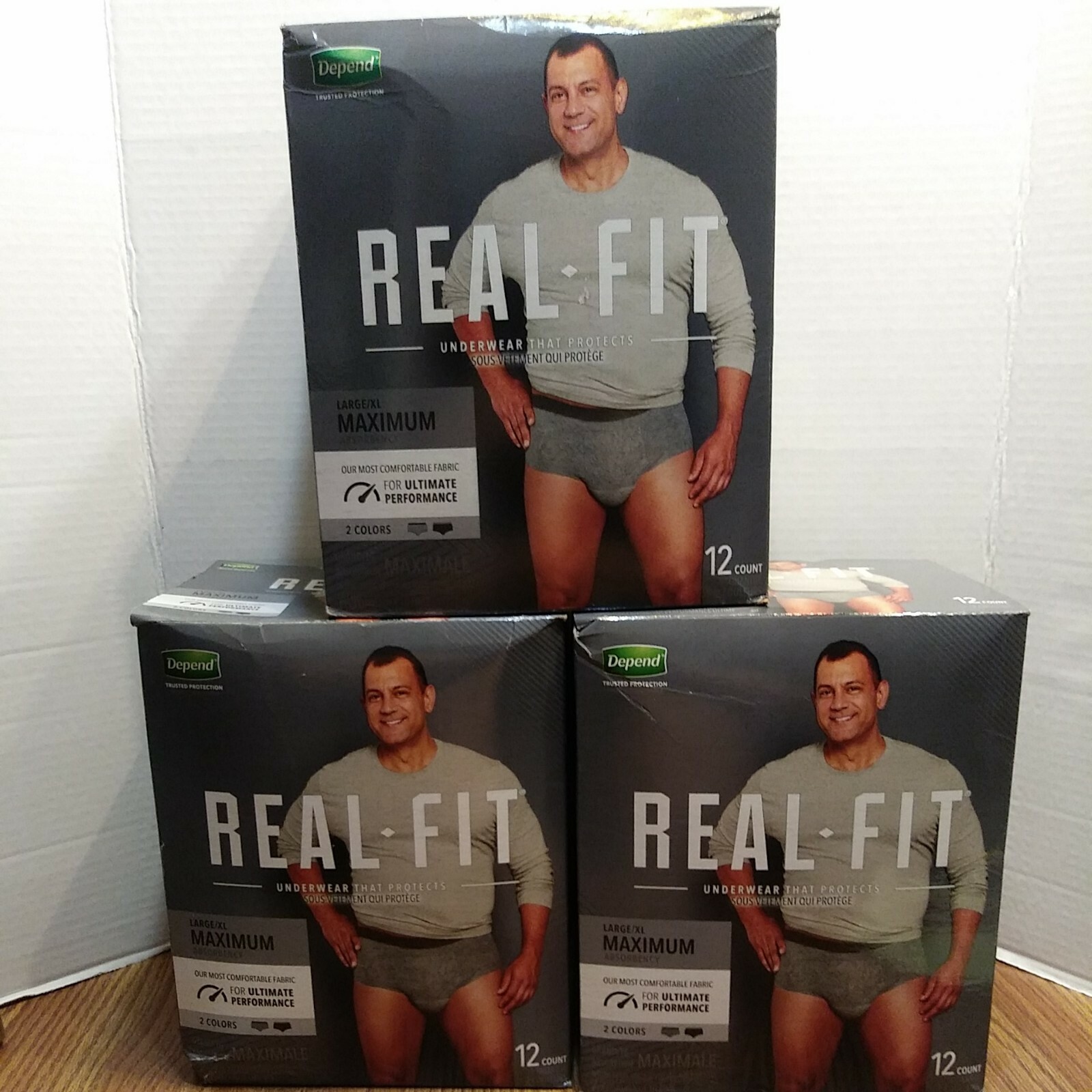 Lot 3 Depend Real-Fit Underwear Men-12 Count-2 Colors Gray/Black-Size Large/XL