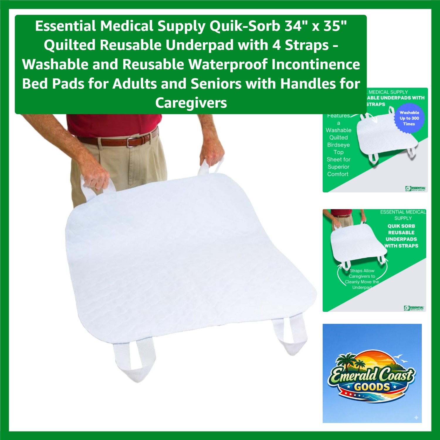 Quik-Sorb 34″ x 35″ Quilted Reusable Underpad with 4 Straps – Washable and Re…