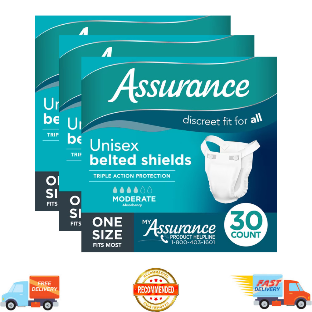 3PK Assurance Incontinence Belted Shields, Moderate Absorbency, Unisex, 30 Count