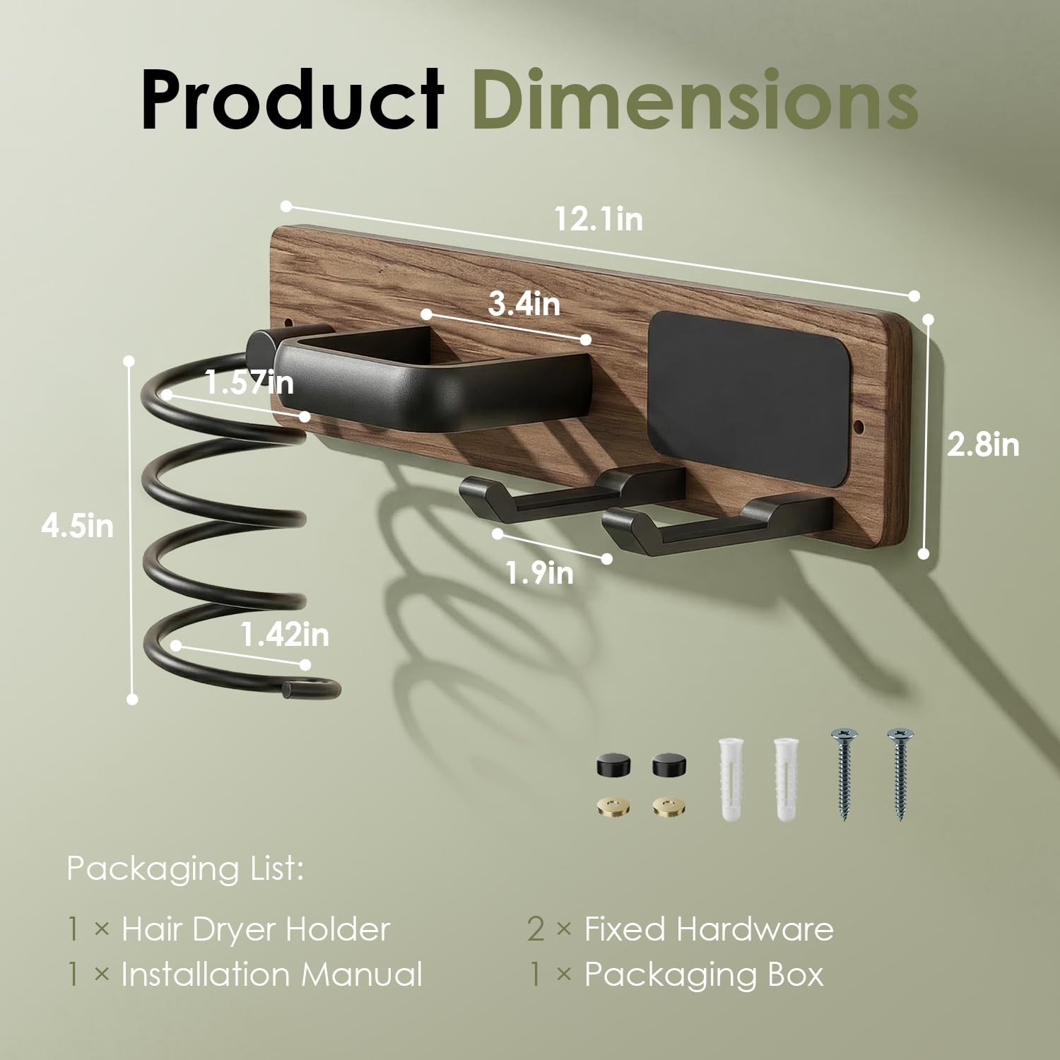 Tindbea Upgraded Walnut Hair Dryer Holder Wall Mounted3-In-1 Hair Tool