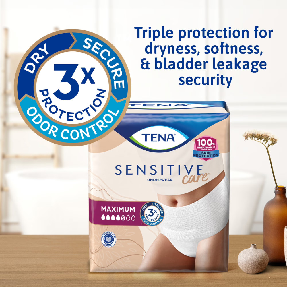 TENA Sensitive Care Incontinence Underwear for Women, Maximum, S/M, White, 80 Ct