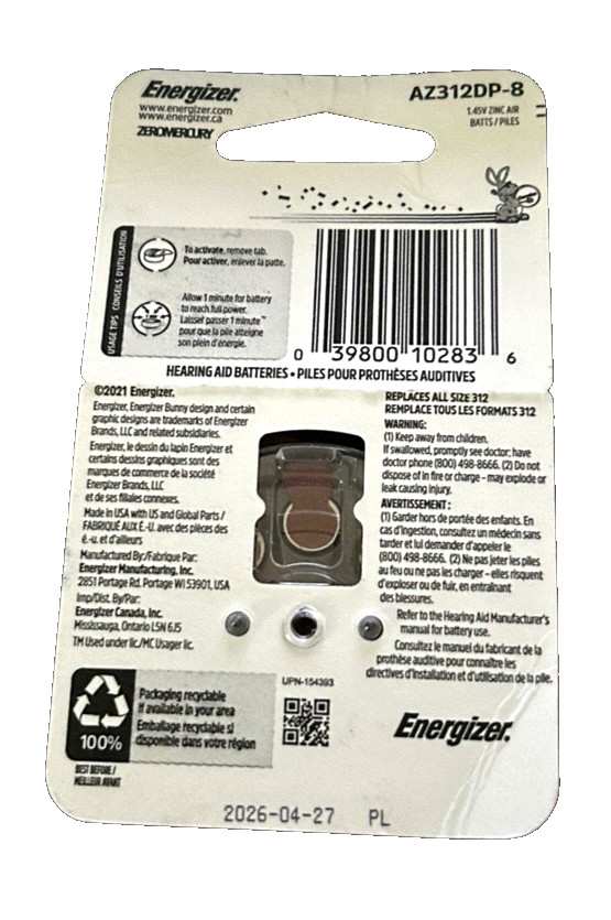 Energizer Size 312 Brown AZ312DP-8 Hearing Aid Batteries Exp 04/2026
