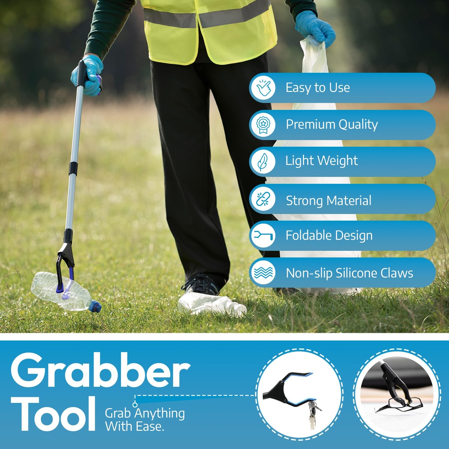 FitPlus 2024 Upgrade PowerGrip T9, Grabber Reacher 32 Inch (Pack of 1), Blue
