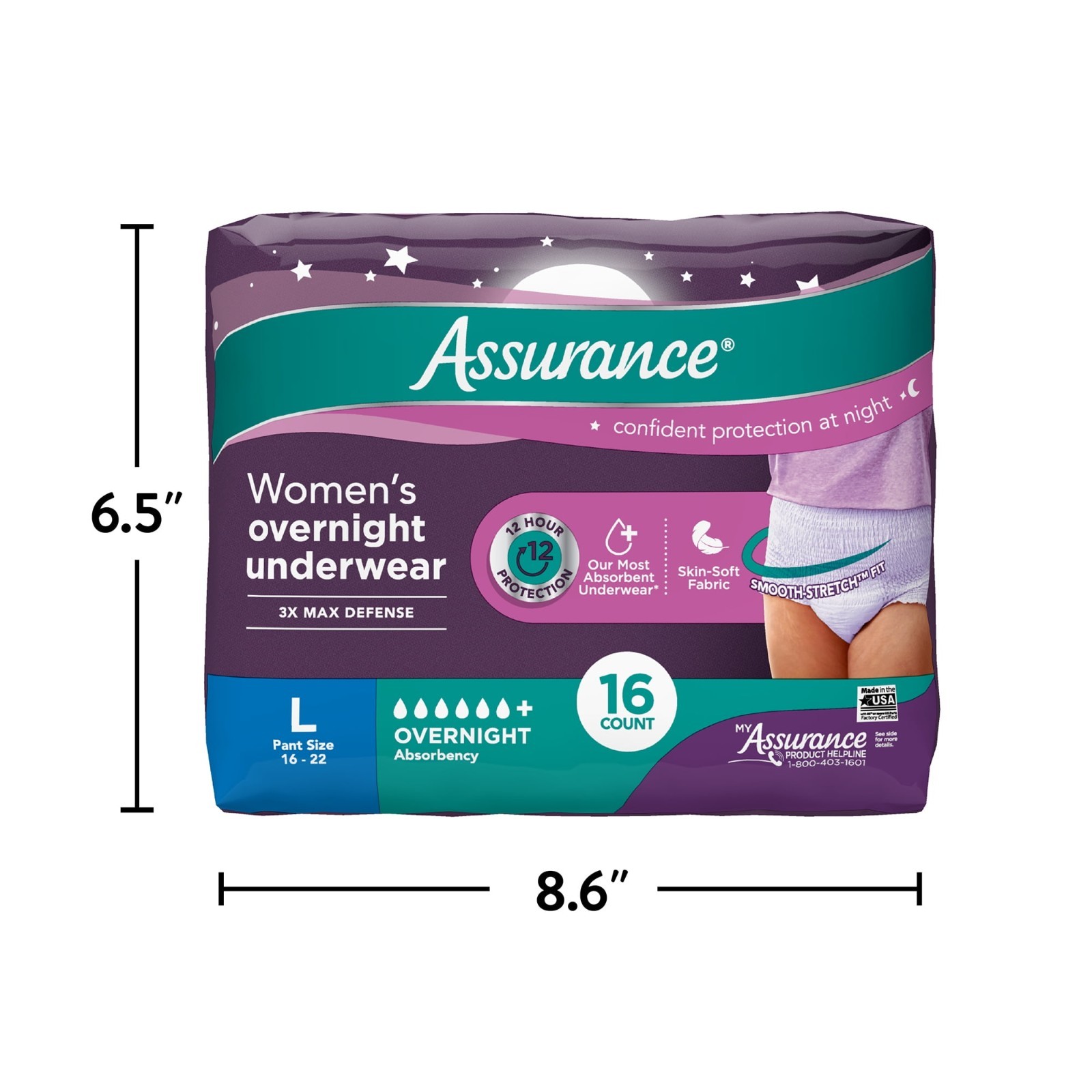 2 PK Assurance Women’s Overnight Incontinence Postpartum Underwear, Large, 16 Ct