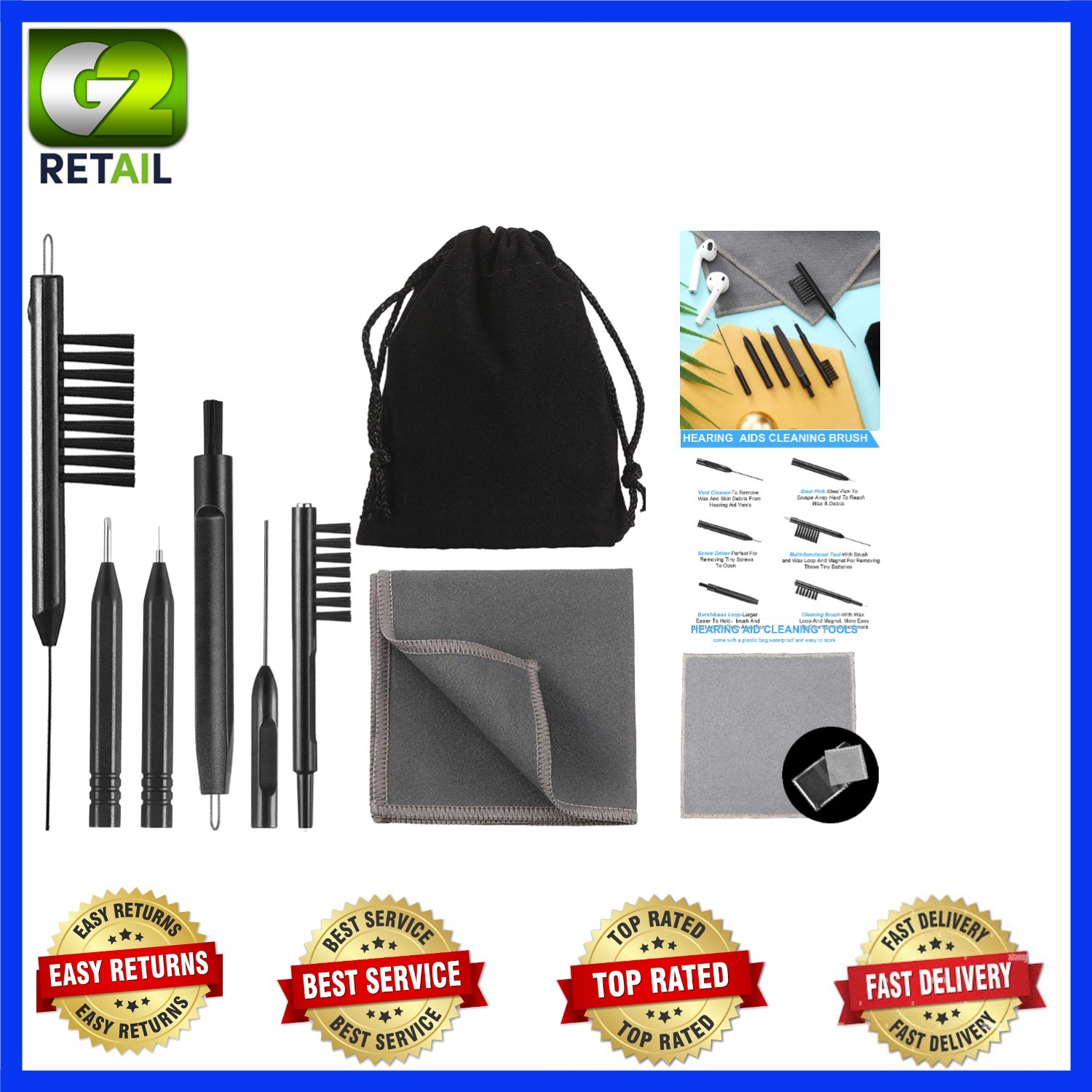 Reusable Hearing Aid Cleaning Tools Set – 7 Pieces with Velvet Organizer Bag