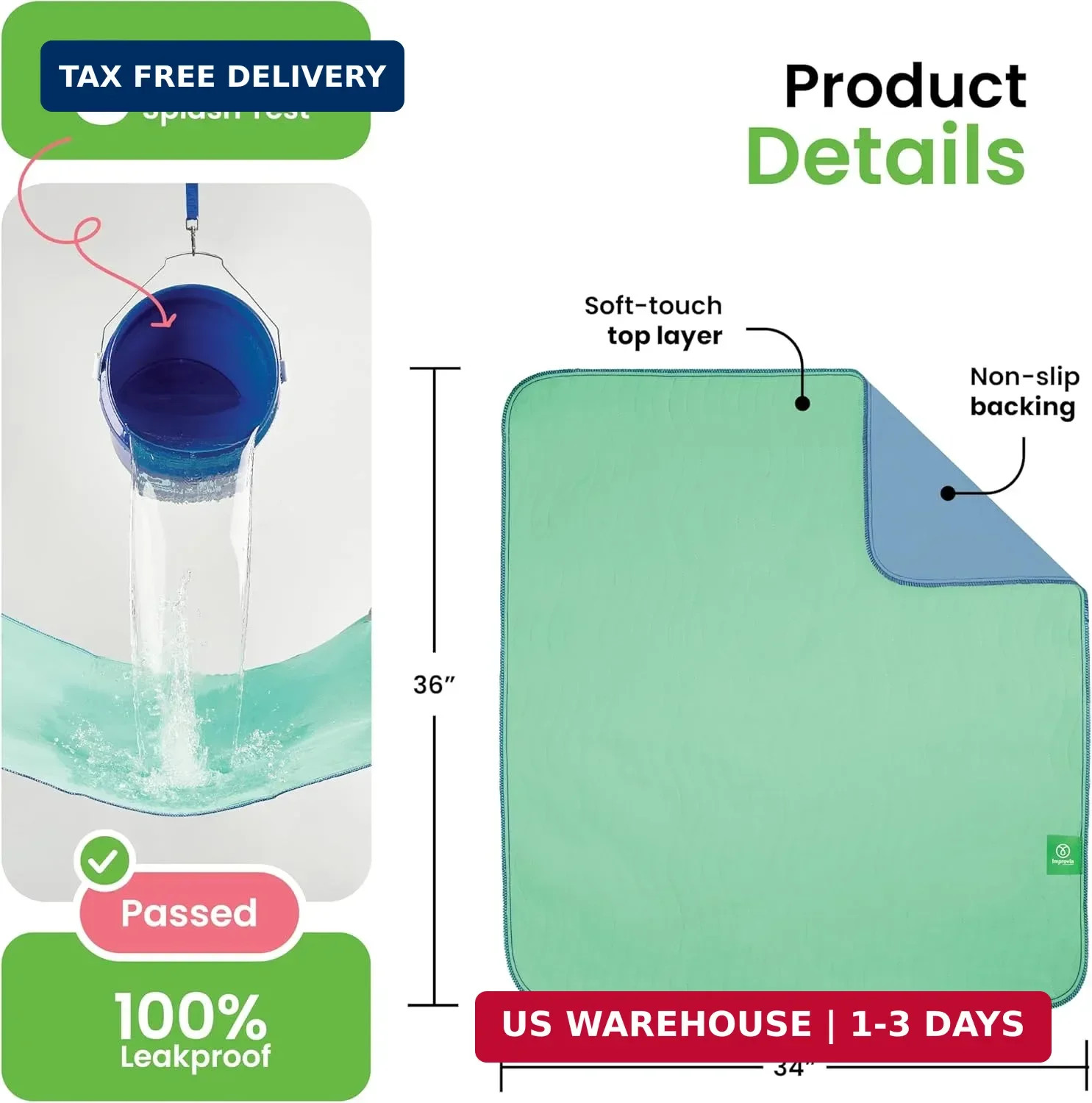 IMPROVIA® Washable Underpads, 34″ x 36″ (Pack of 4) – Heavy Absorbency Reusable