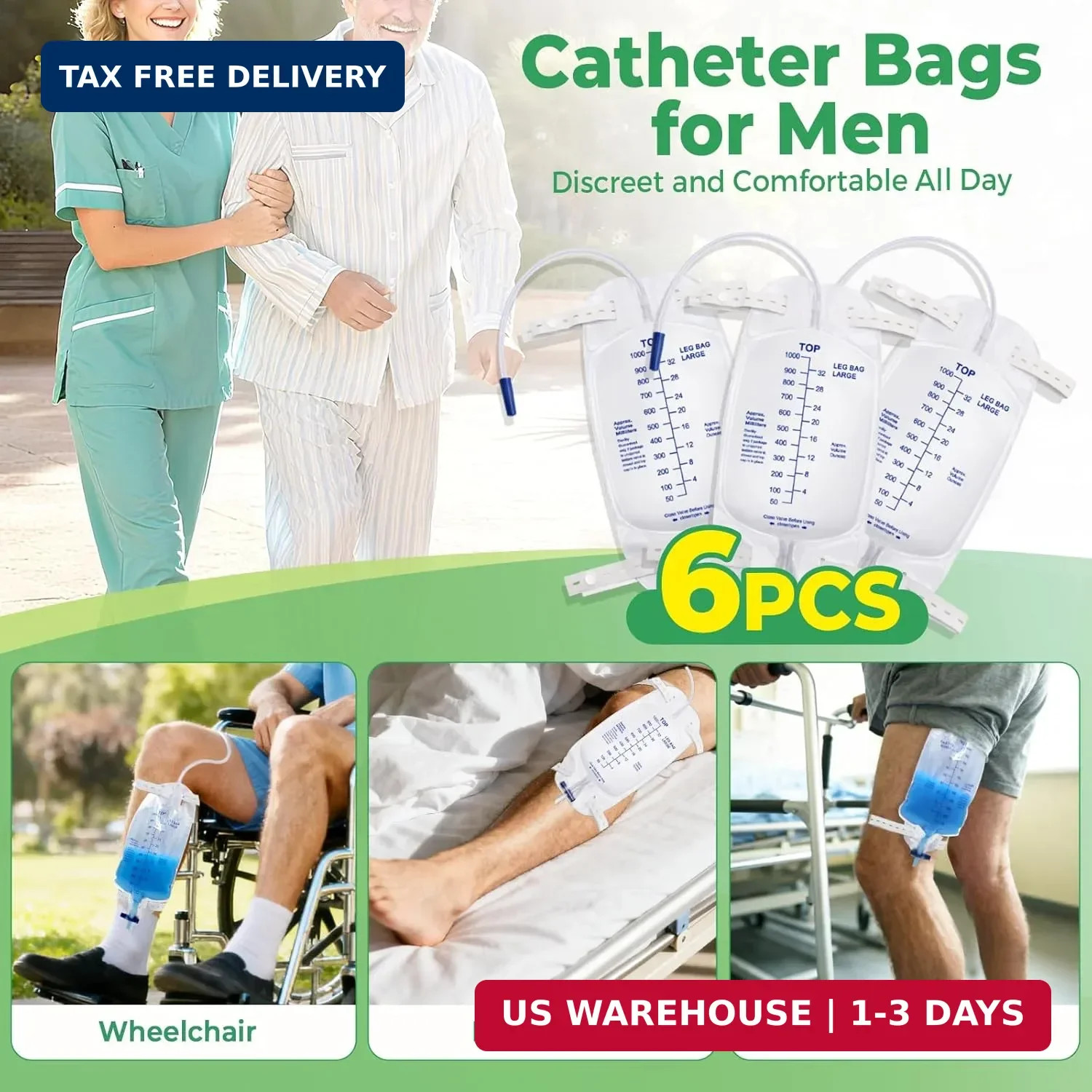 Foley Catheter Leg Bags for Men with 6 Pack, Catheter Bags 1000ml for Men, Urine