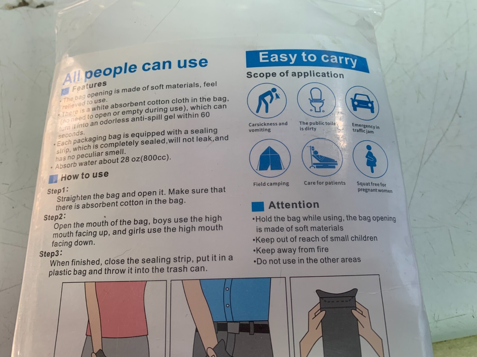 6 Pack Disposable Urine Bags, 800ML Pee Bags for Travel for Men Women, Disposab