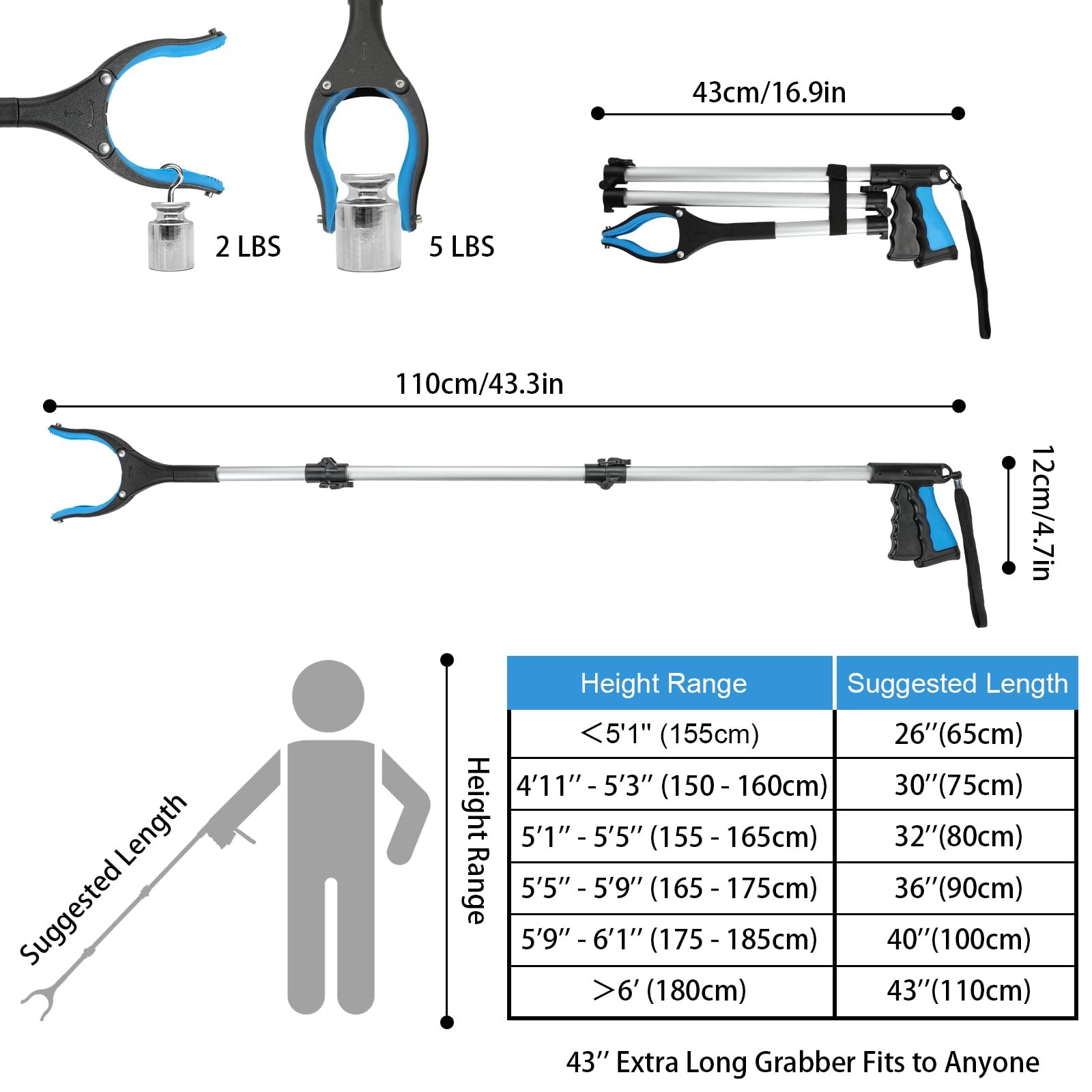 Housolution Reacher Grabber Tool, 43″ Extra Long Grabbers for Elderly, Blue