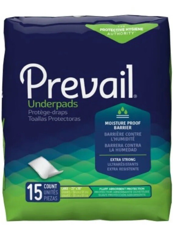 Underpad Prevail 23″ X 36″ Disposable Fluff Absorbency 15 ct Large Extra Strong