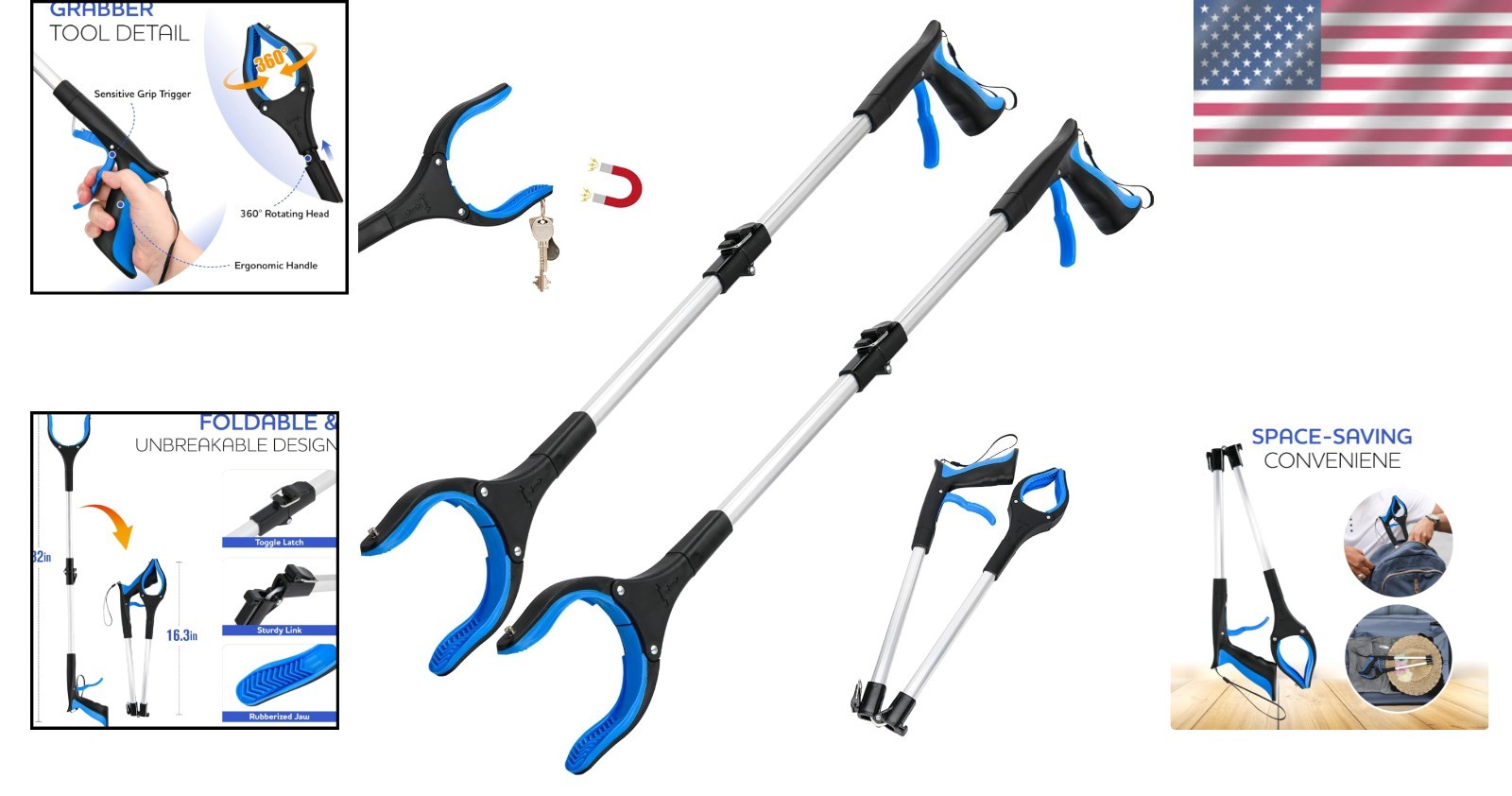 2- Pack 32 inch GrabRunner Folding Reacher Grabber Tool with Magnetic(Blue/Blue)