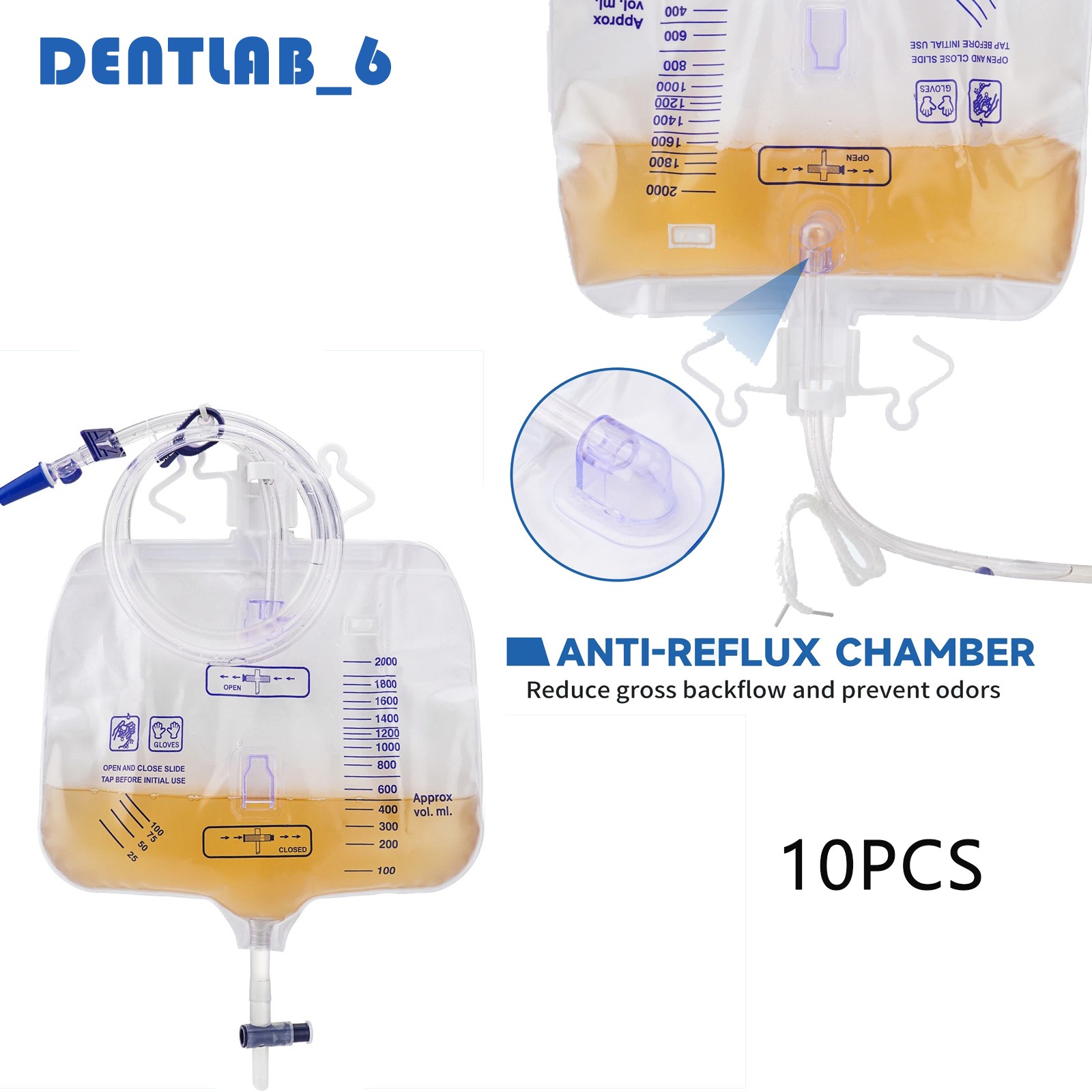Pack of 10 Large Urinary Drainage Bag w/ Anti-Reflux Chamber 2000ml Capacity USA