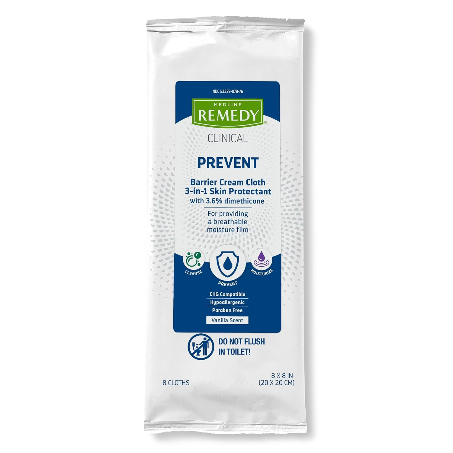 Medline Remedy Clinical 3-In-1 Barrier Cream Cloth, 8 Count (32 Packs), 8 X 8 in