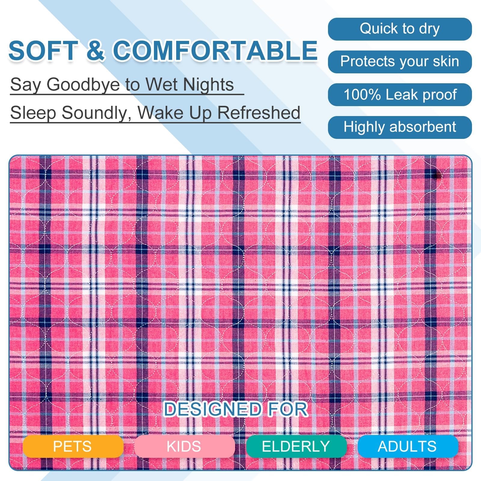 2 Pack 34×54 inch Washable Bed Pads Pink Plaid Reusable Incontinence Underpads