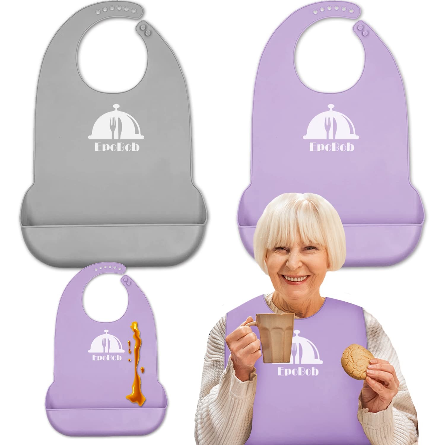 EpoBob 2 Pack Silicone Adult Bibs with Crumb Catcher, One Size, Purple, Grey