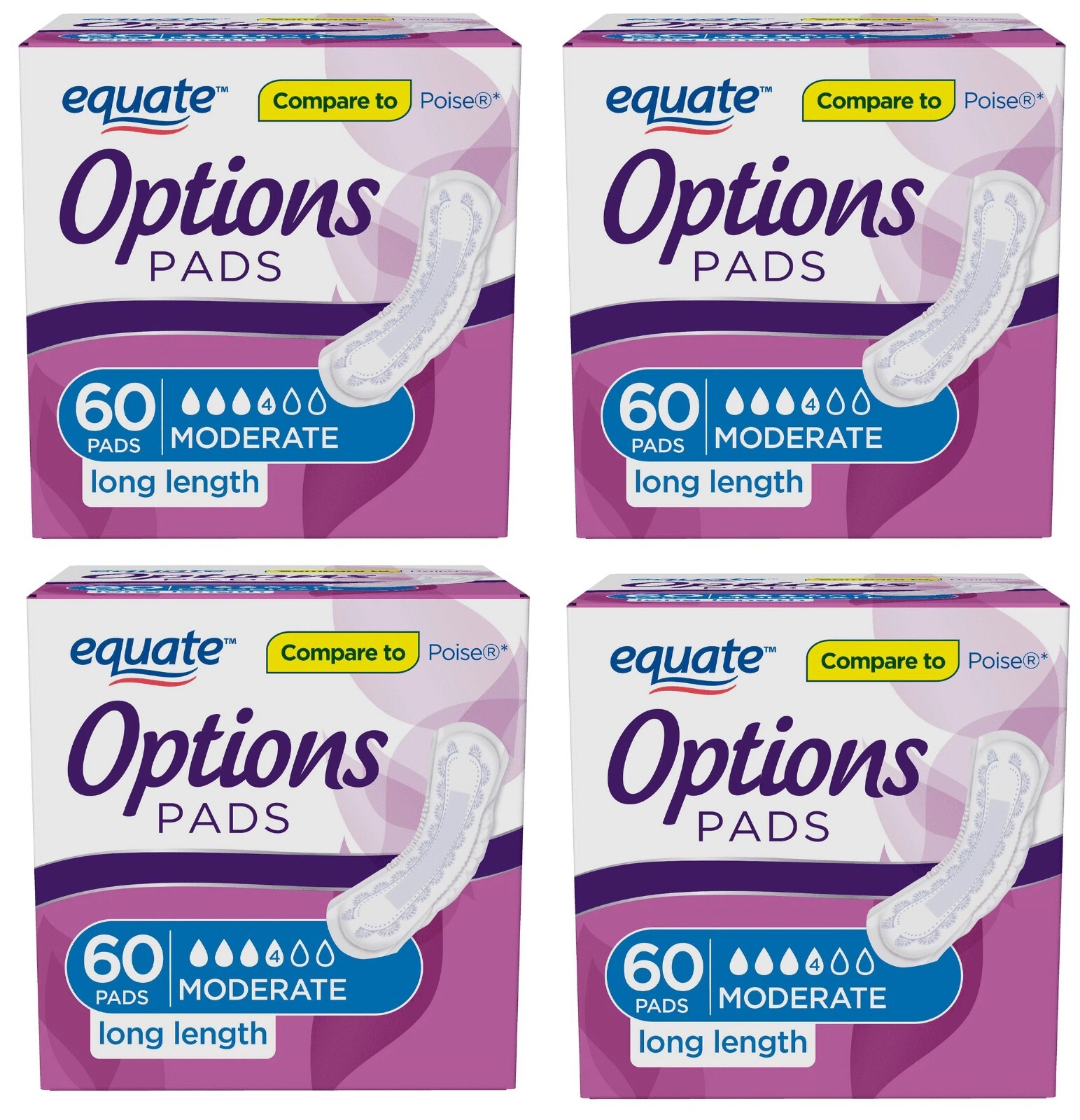 Equate Women’s Incontinence Pads, Moderate Long Length 240 Count (4 Packs of 60)