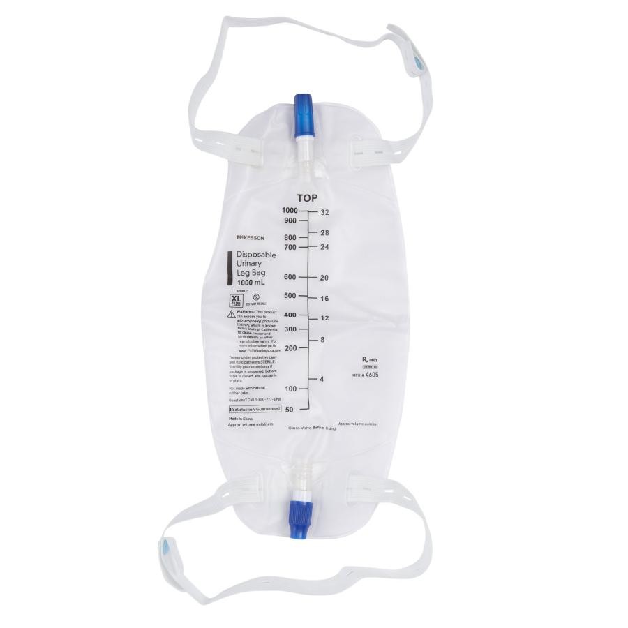McKesson Urinary Leg Bag, 1000 mL, Vinyl, Anti-Reflux Valve, 48 Count, 4605