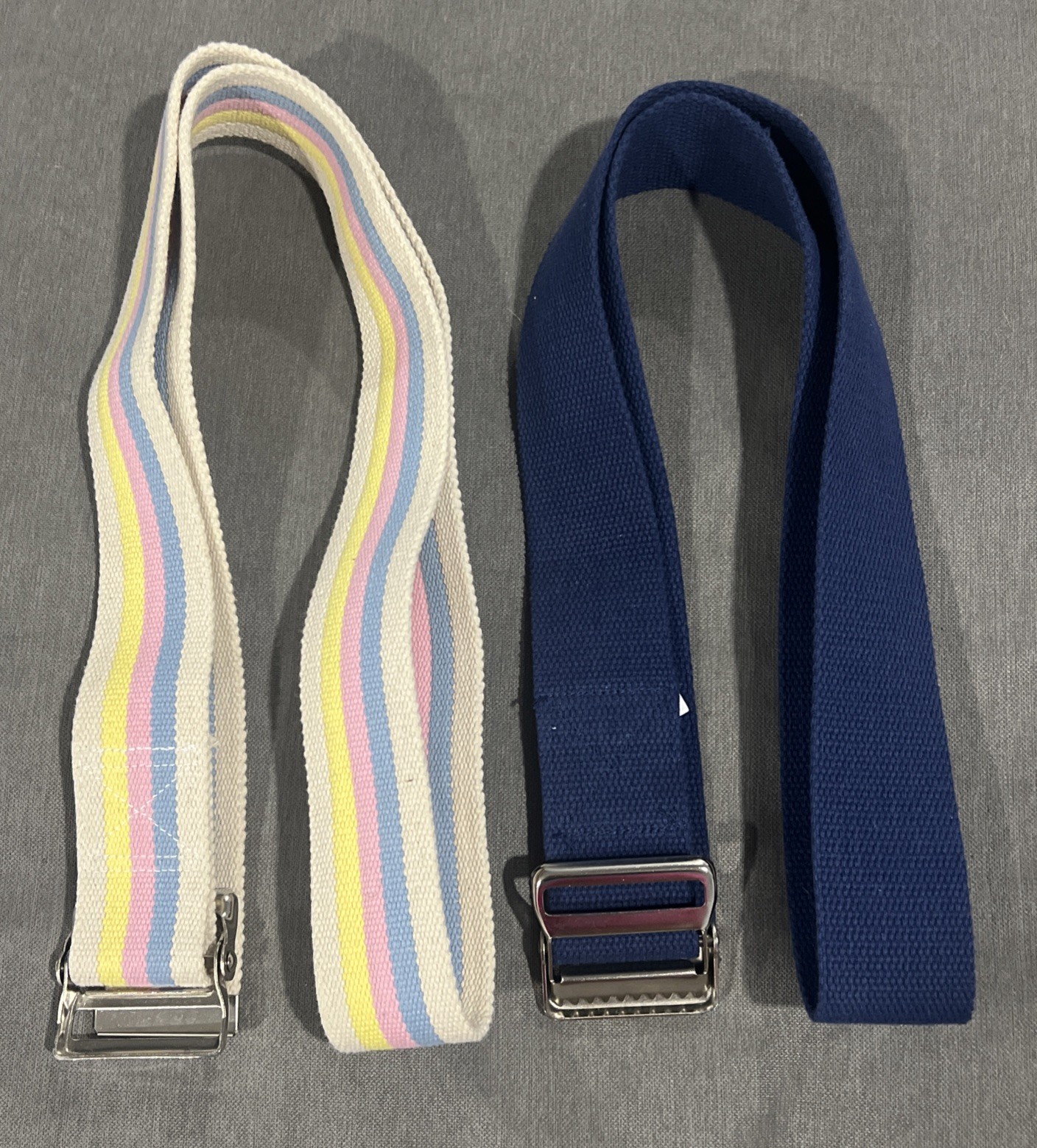 Lot of 2 Gait Belt w/Metal Buckle 60” & 55” Striped Rainbow and Navy Blue EUC
