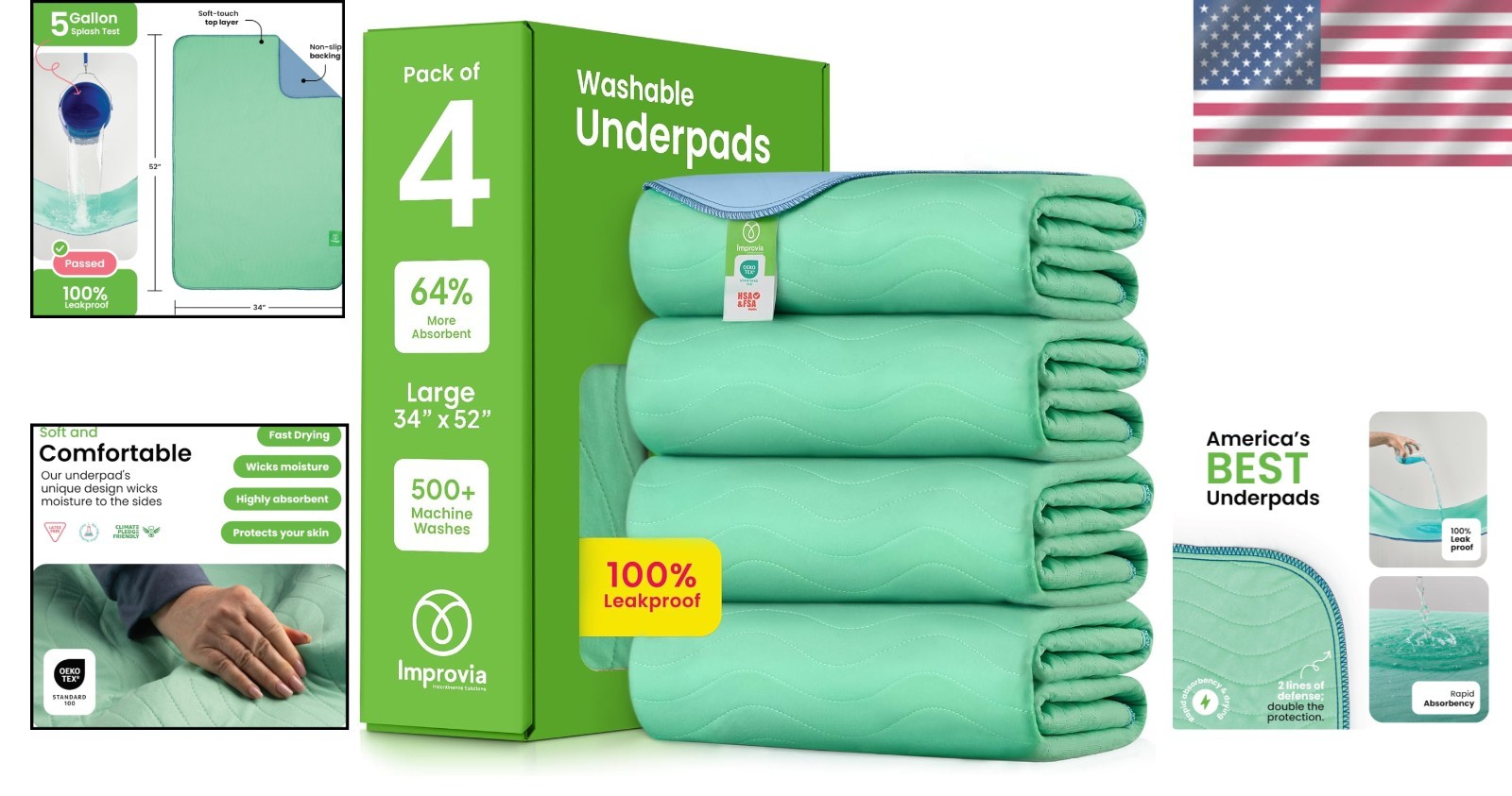 Pack of 4 Washable Underpads 34×52 – Heavy Absorbency, Waterproof Protection