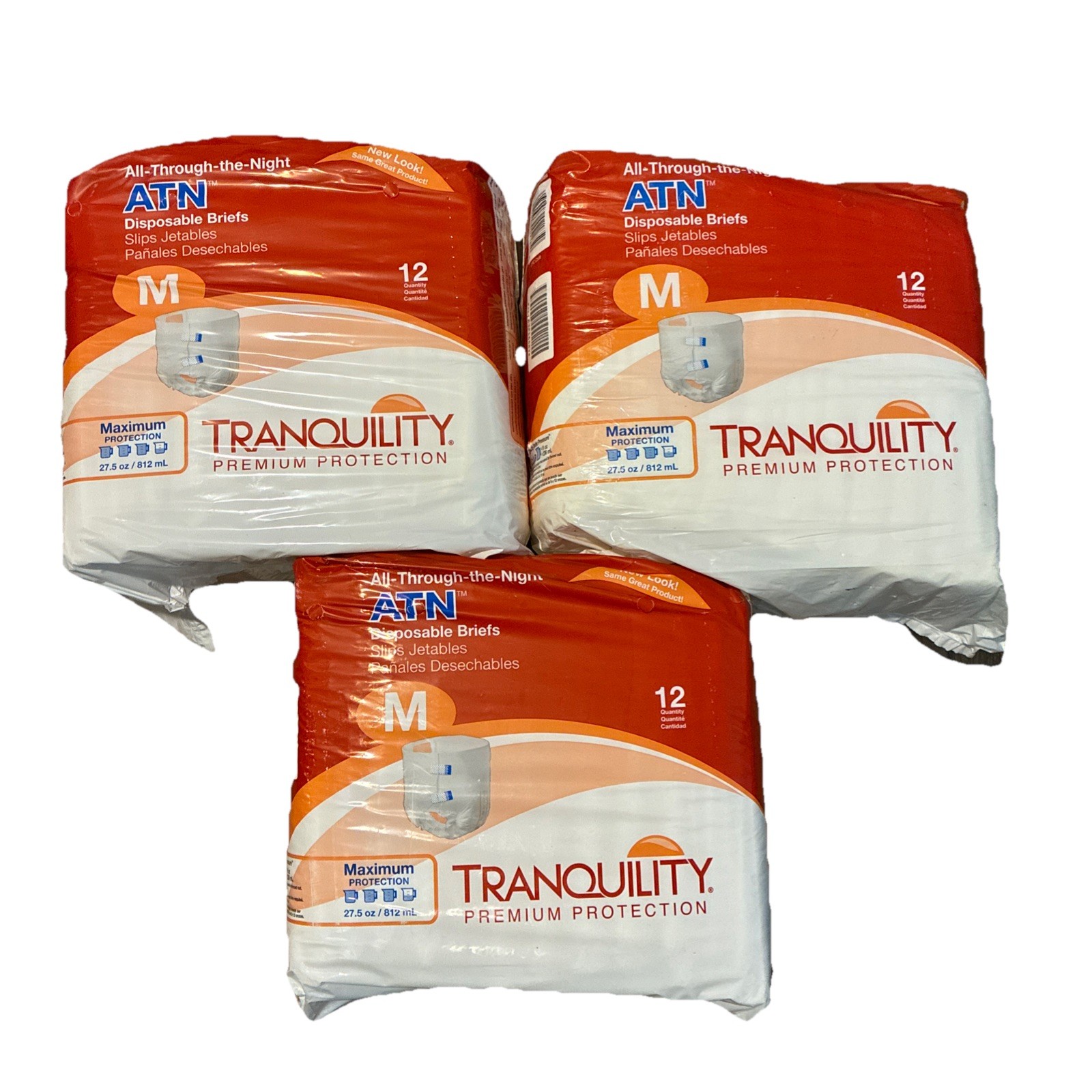 Set Of 3 Tranquility ATN Incontinence Brief M Overnight 2185 Maximum 12 Ct NEW