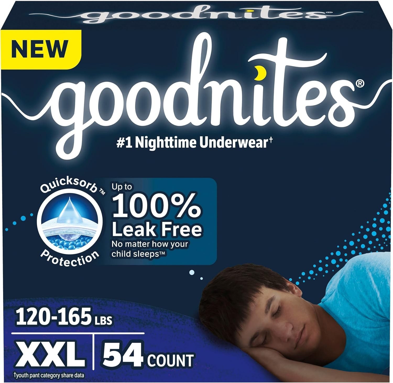 Goodnites Boys Nighttime Underwear XXL 54 Ct 120-165 Size-USA