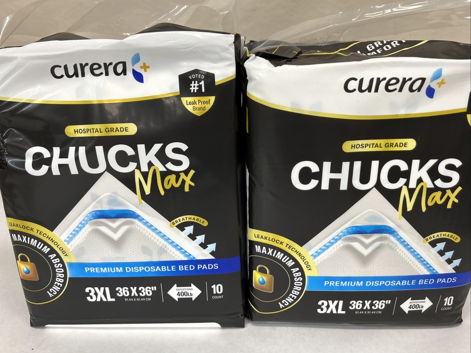 2 Pk CURERA HOSPITAL GRADE CHUCKS MAX 3XL 36×36” (2) 10 Count RESPOSTIONS 400Lb