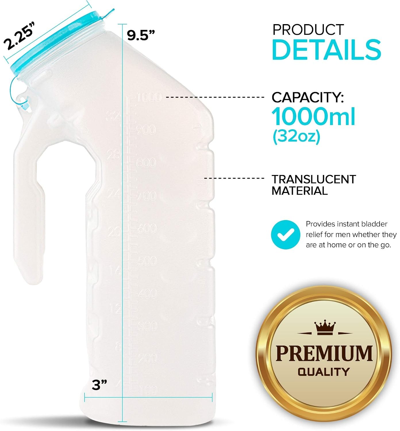 Male Urinal with Glow in The Dark Lid (2 Bottles) 32 Oz Urine Bottles for Men –