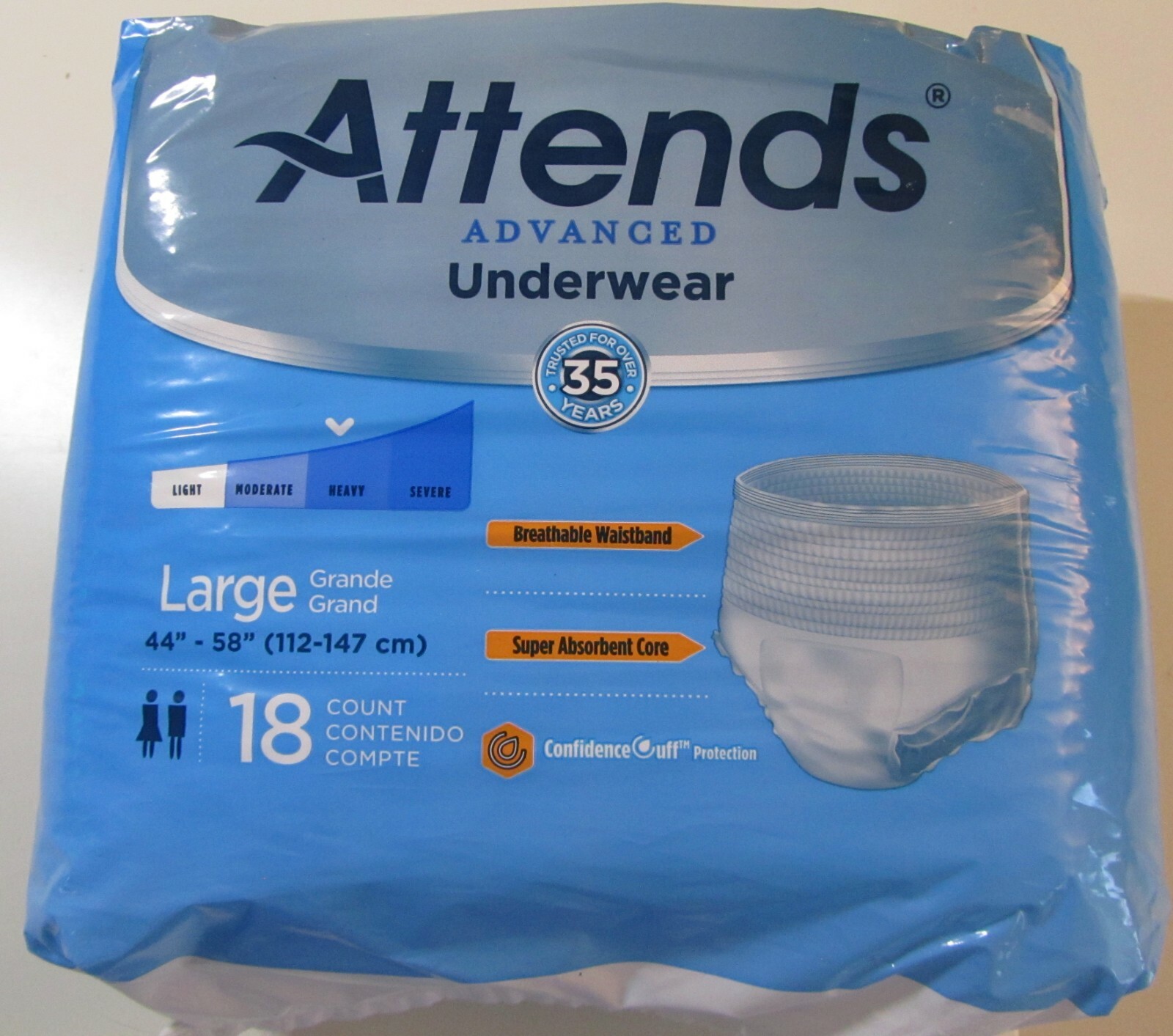 ATTENDS ADULT UNISEX UNDERWEAR W/ LEAKAGE BARRIERS, LARGE (44-58″) 18 COUNT, NWT