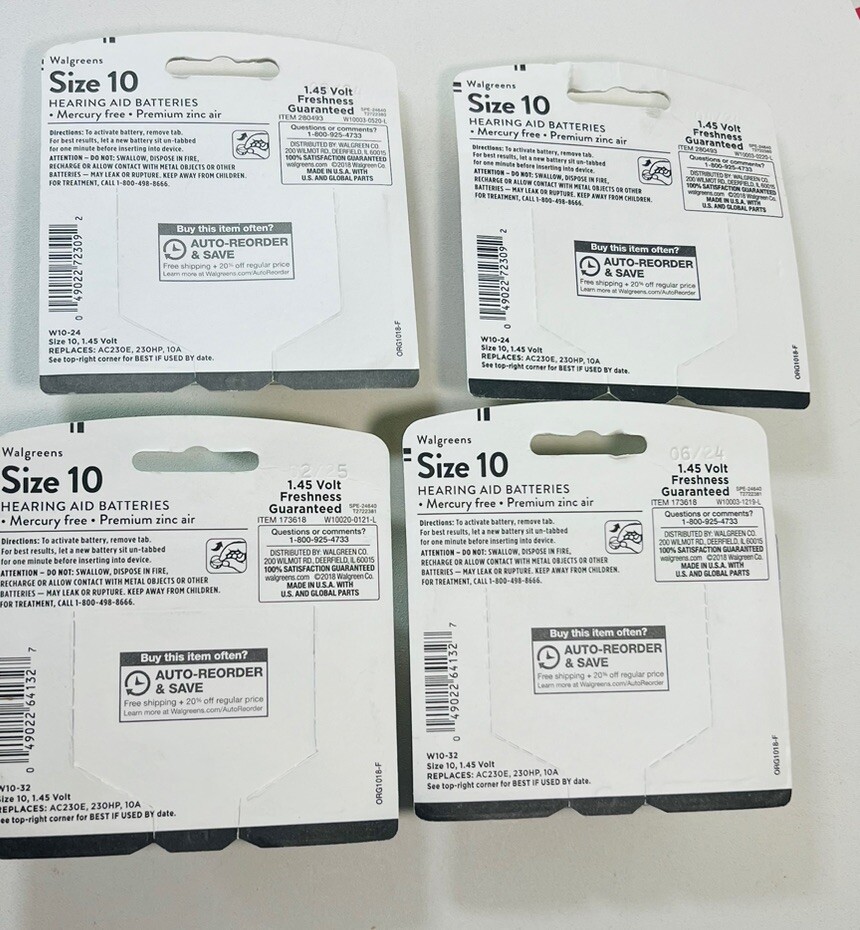 4 Packs Size 10 Walgreens Hearing Aid Batteries 32/24 Pack Exp 2/25 – 06/24