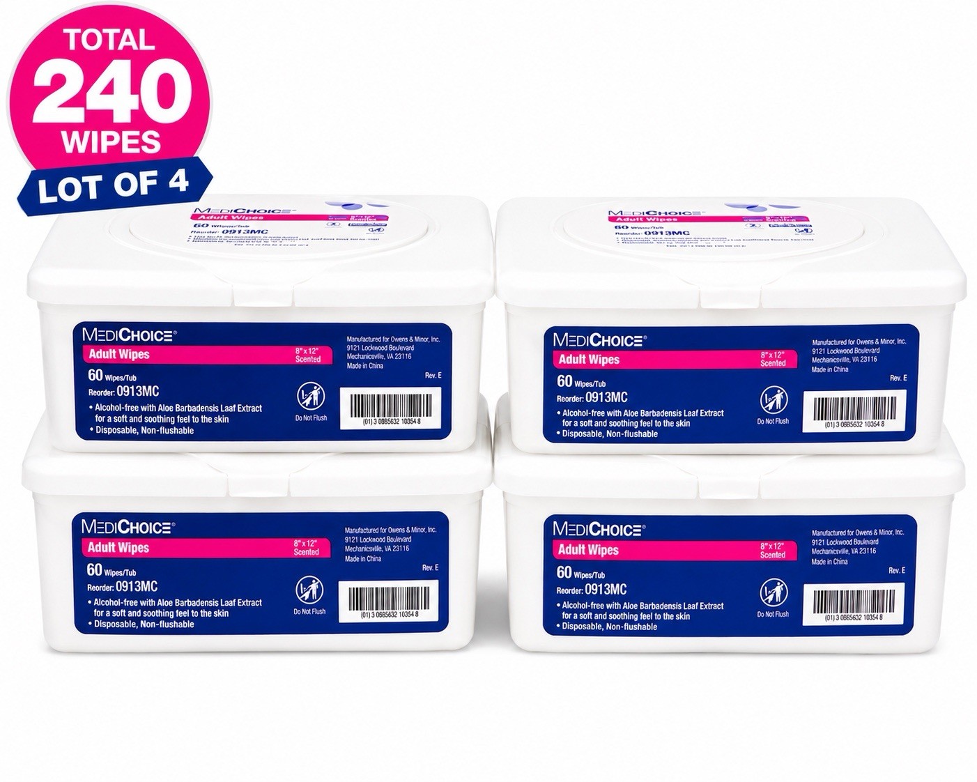 MediChoice 0913MC Adult Wipes 60 Wipes/Tub Scented Lot of 4 Tubs 240 Wipes