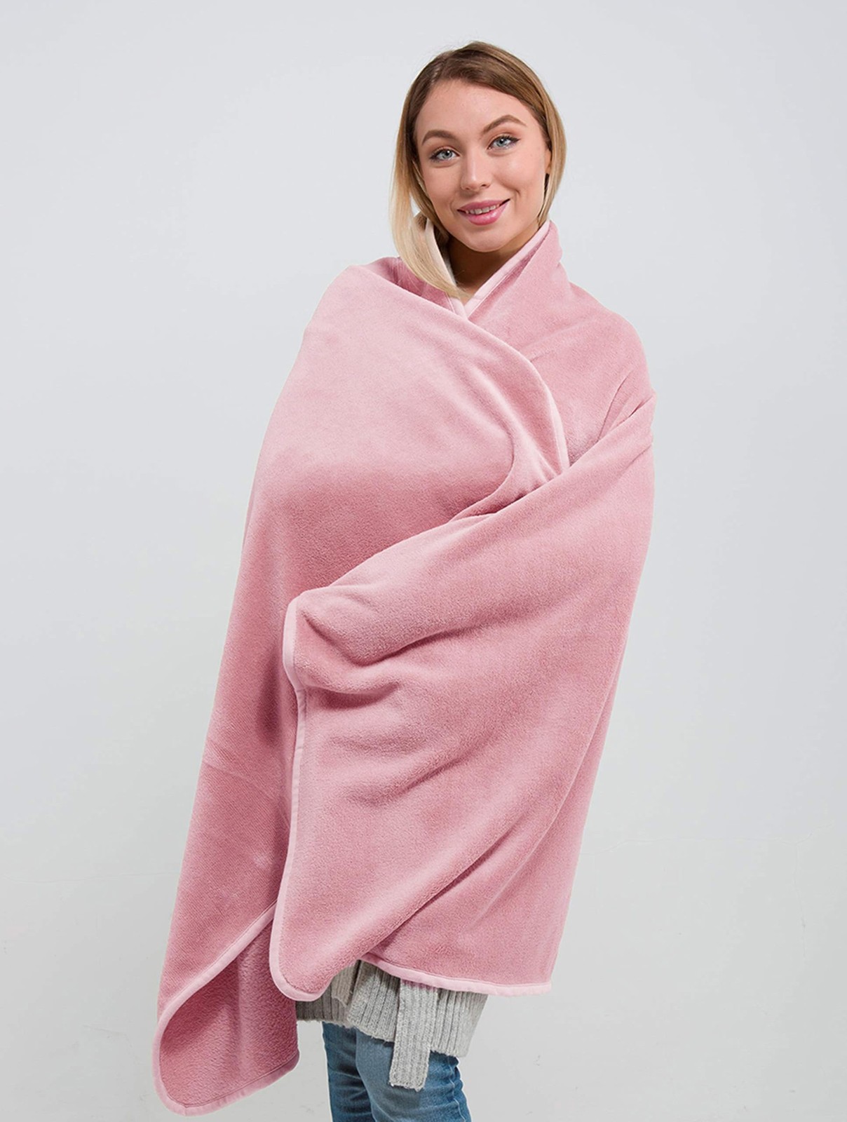 BlueHills Travel Blanket Pillow Rolled Premium Soft Plush Travel, R02-pink