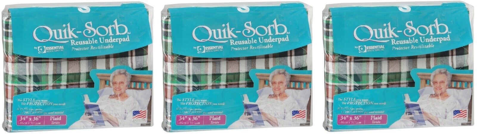 Essential Quik-Sorb Reusable Underpad Plaid 34″ x 36″(3 Pack)