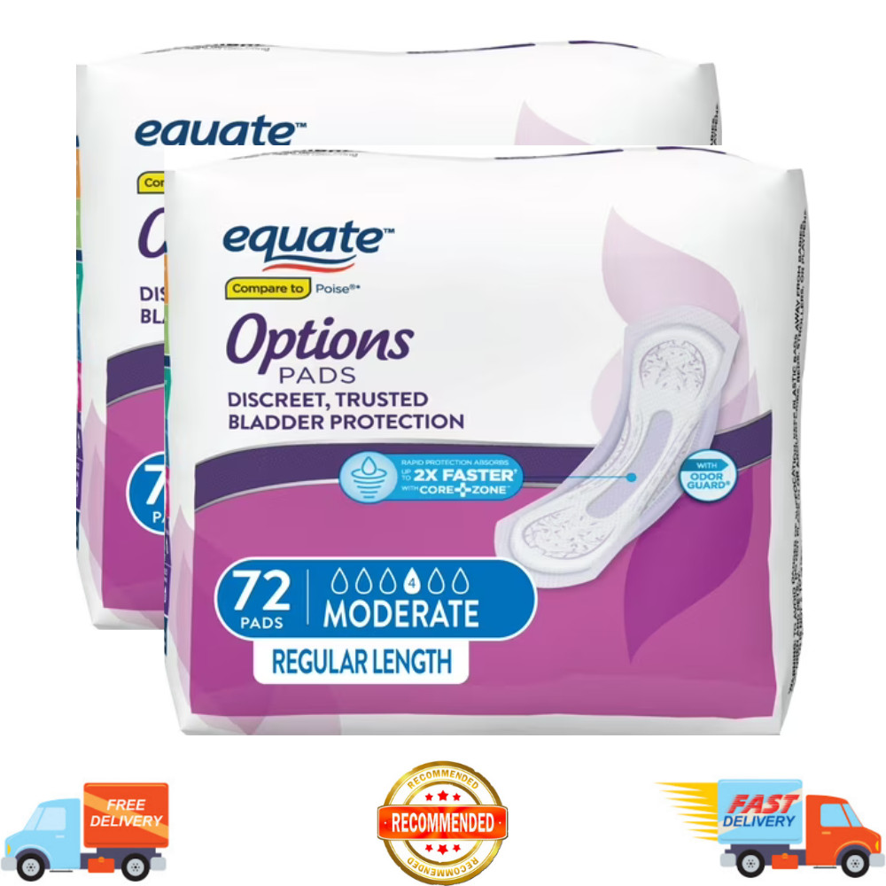 Equate Options Incontinence Pads for Women Moderate Regular Absorbency 72 Count