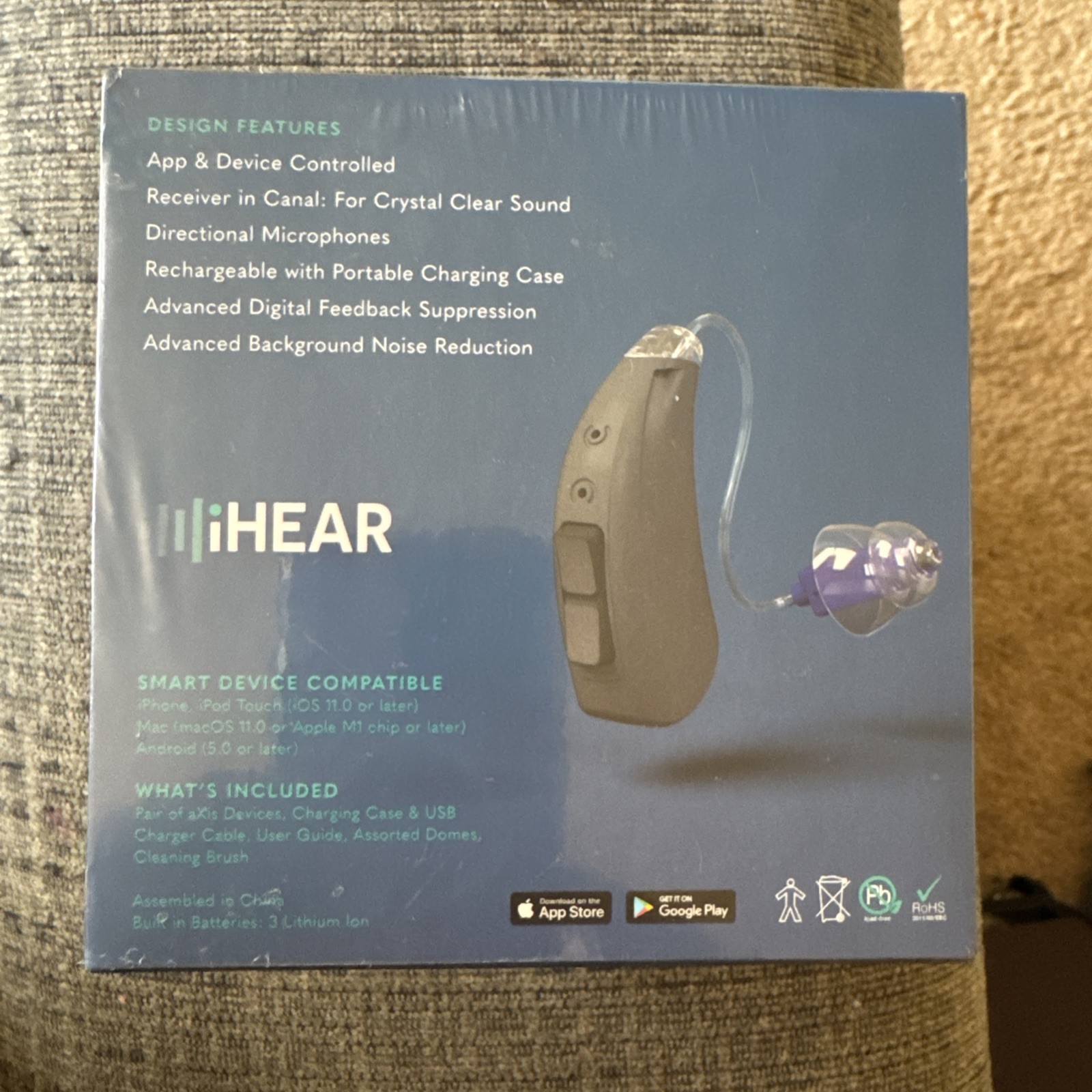 iHear AXIS Advanced OTC Hearing Aid Rechargeable Manual or App Control