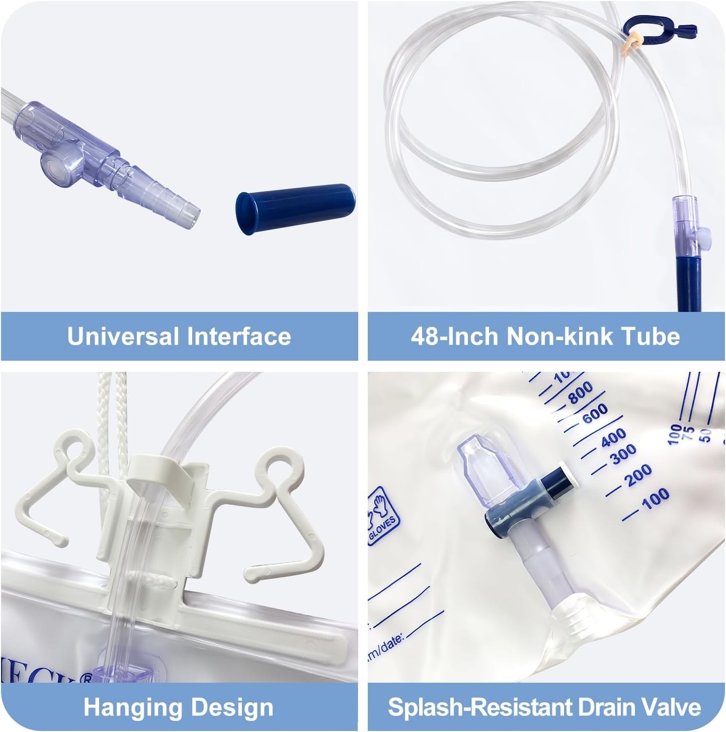 Convenient 5 Pack 2000mL Disposable Urine Bags with 48″ Kink-Resistant Tube