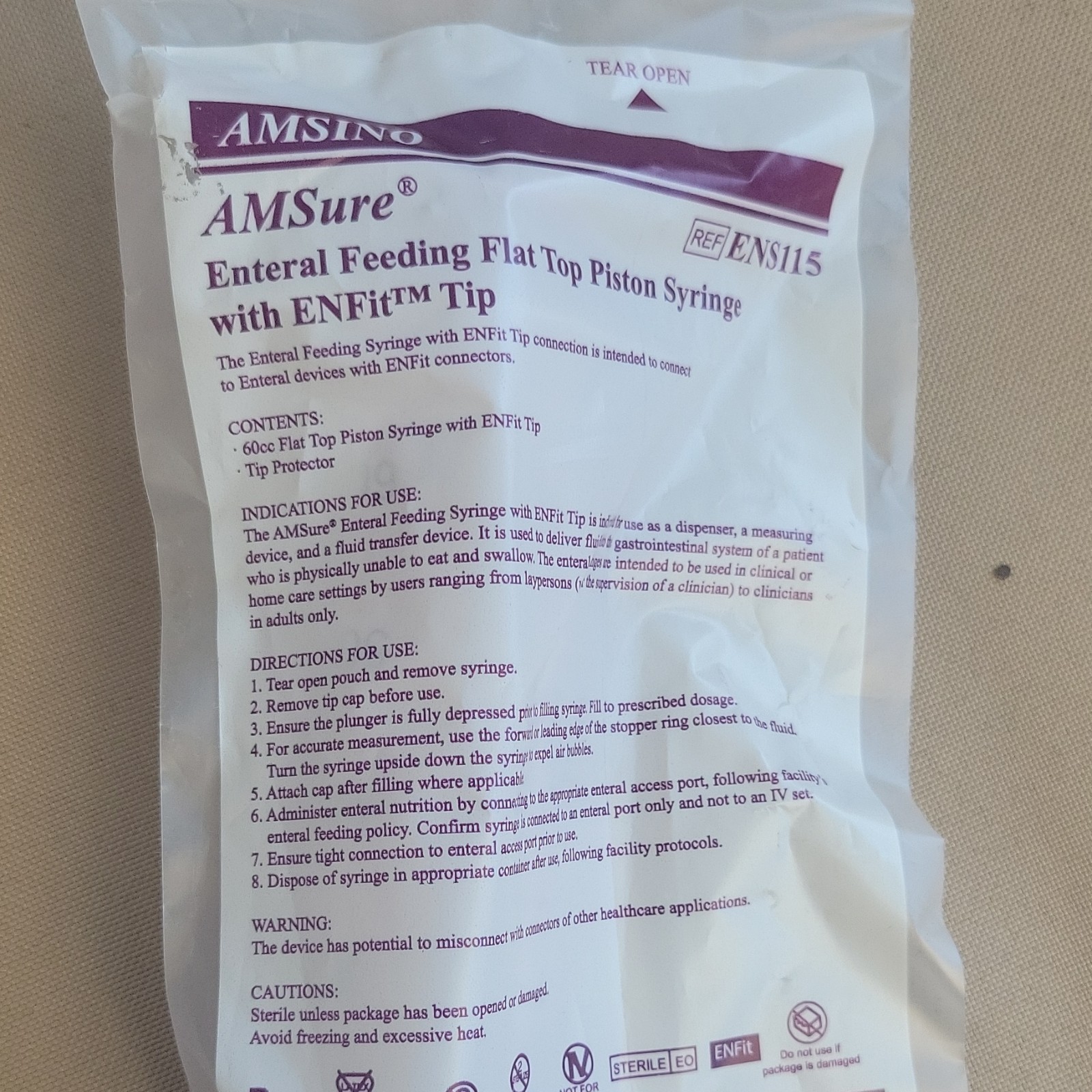 15 AMSino AMSure ENS115 Enteral Feeding Syringe Purple ENFit Sterile Disposable