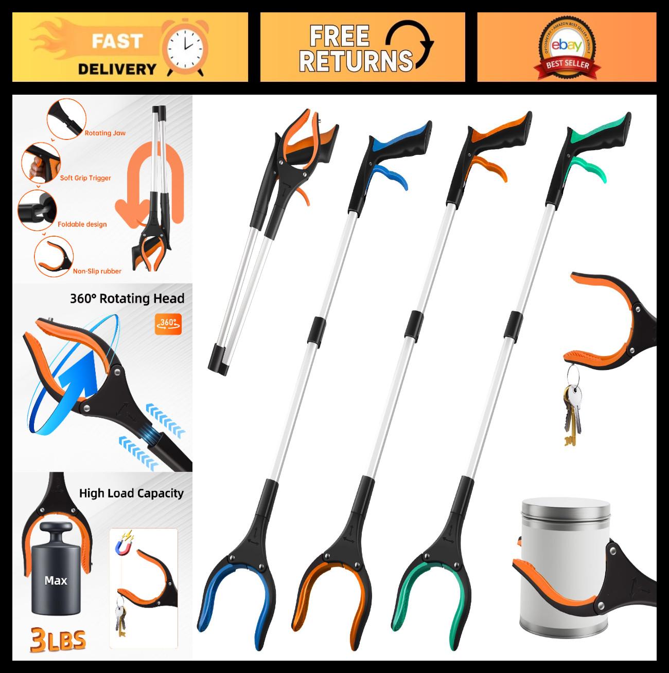32″ Foldable Grabber Tool 3-Pack – 360° Rotating Jaw, Magnetic Tip, Lightweight