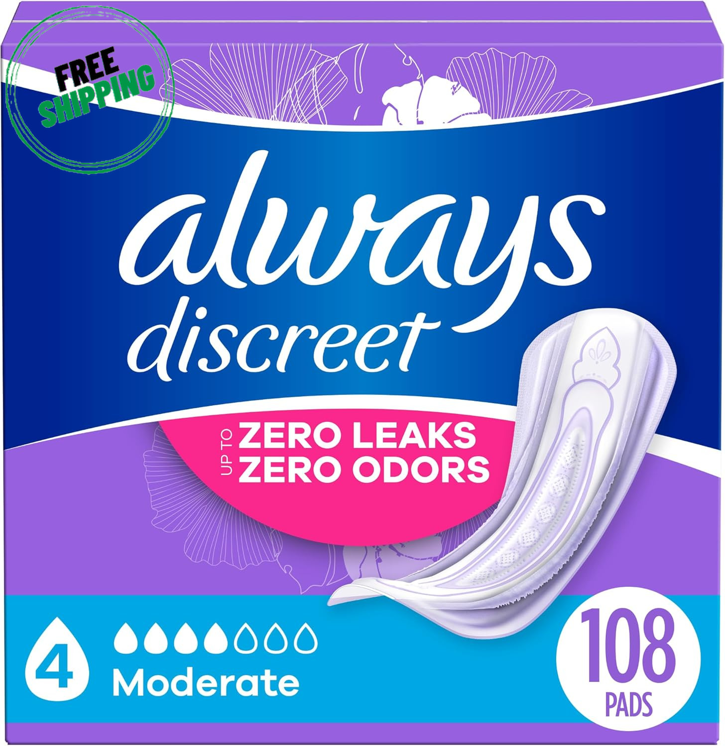 Always Discreet Adult Incontinence Pads for Women, Moderate Absorbency, Regular