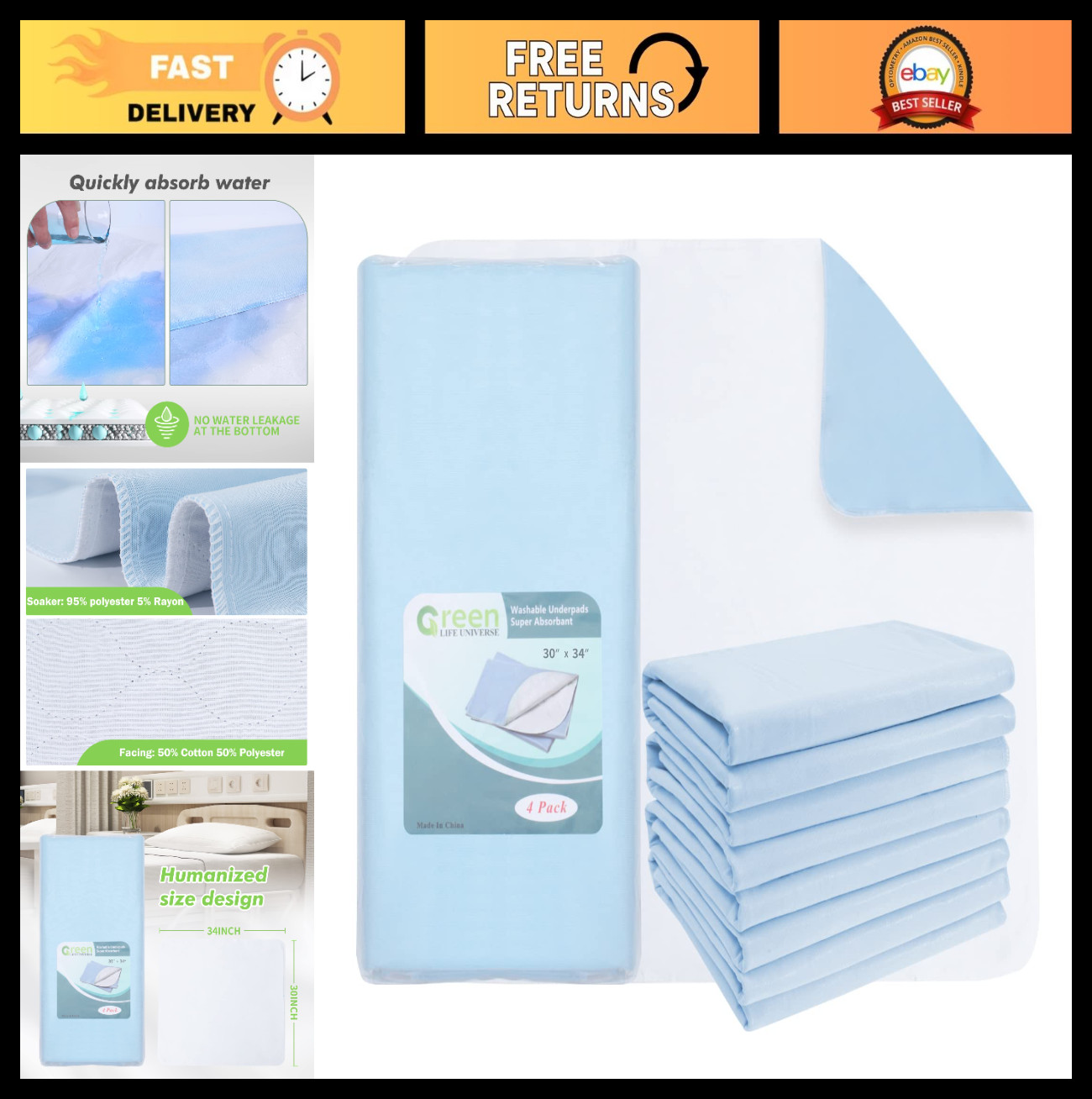 4 Pack Waterproof Washable Incontinence Bed Pads, Soft Reusable Underpads 30″x34
