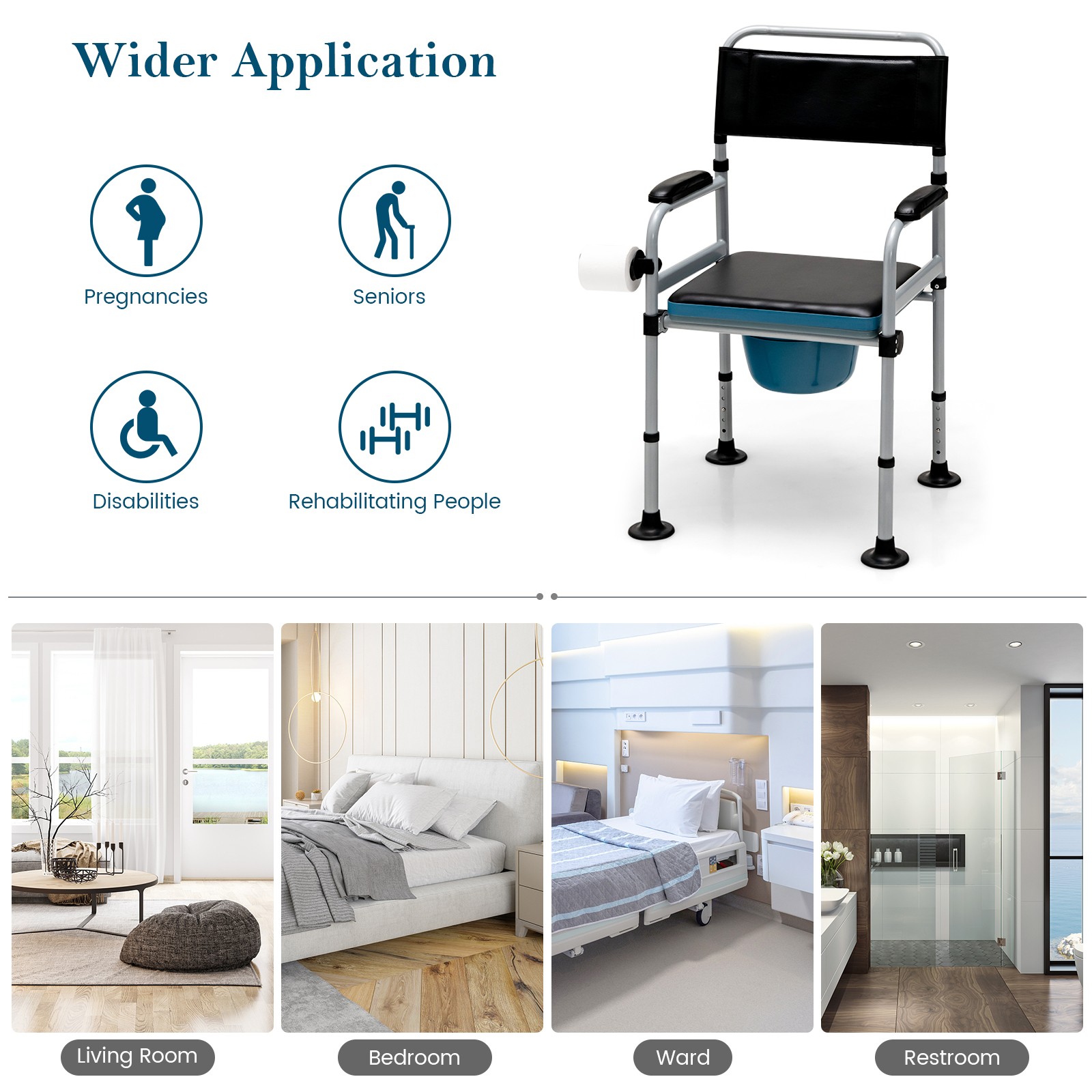 4-in-1 Bedside Commode Folding Toilet Chair Shower Chair Mobile Toilet Chair