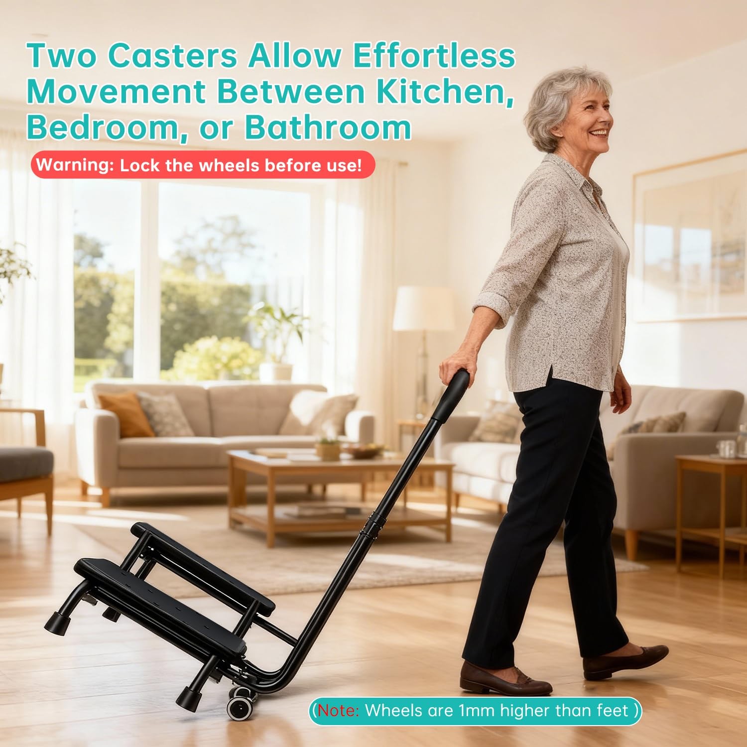 2 Step Stool with Handrail & 2 Casters for Elderly, Bed Steps for High Beds f…